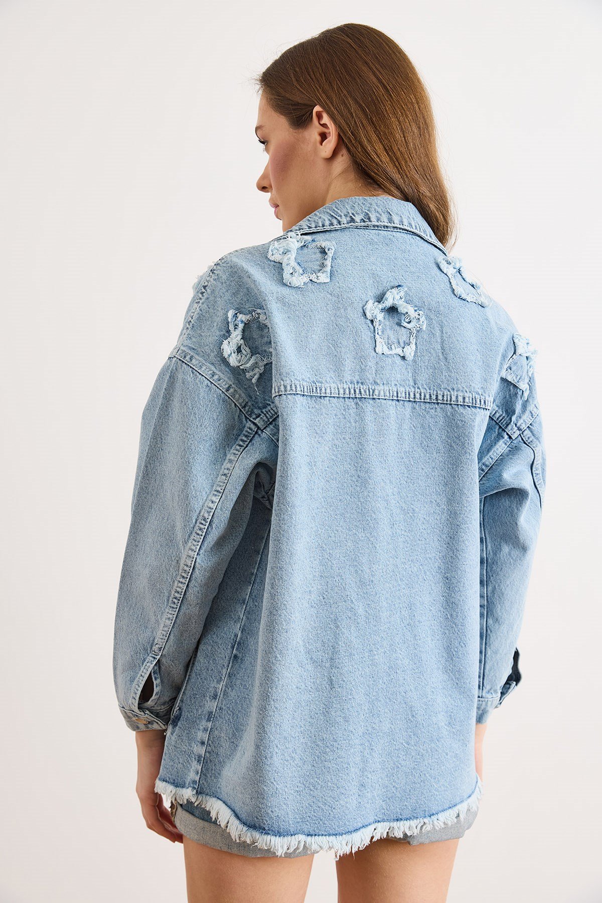 4 Cepli Yıldız Yama Detaylı Yıkanmış Denim Ceket Açık Mavi