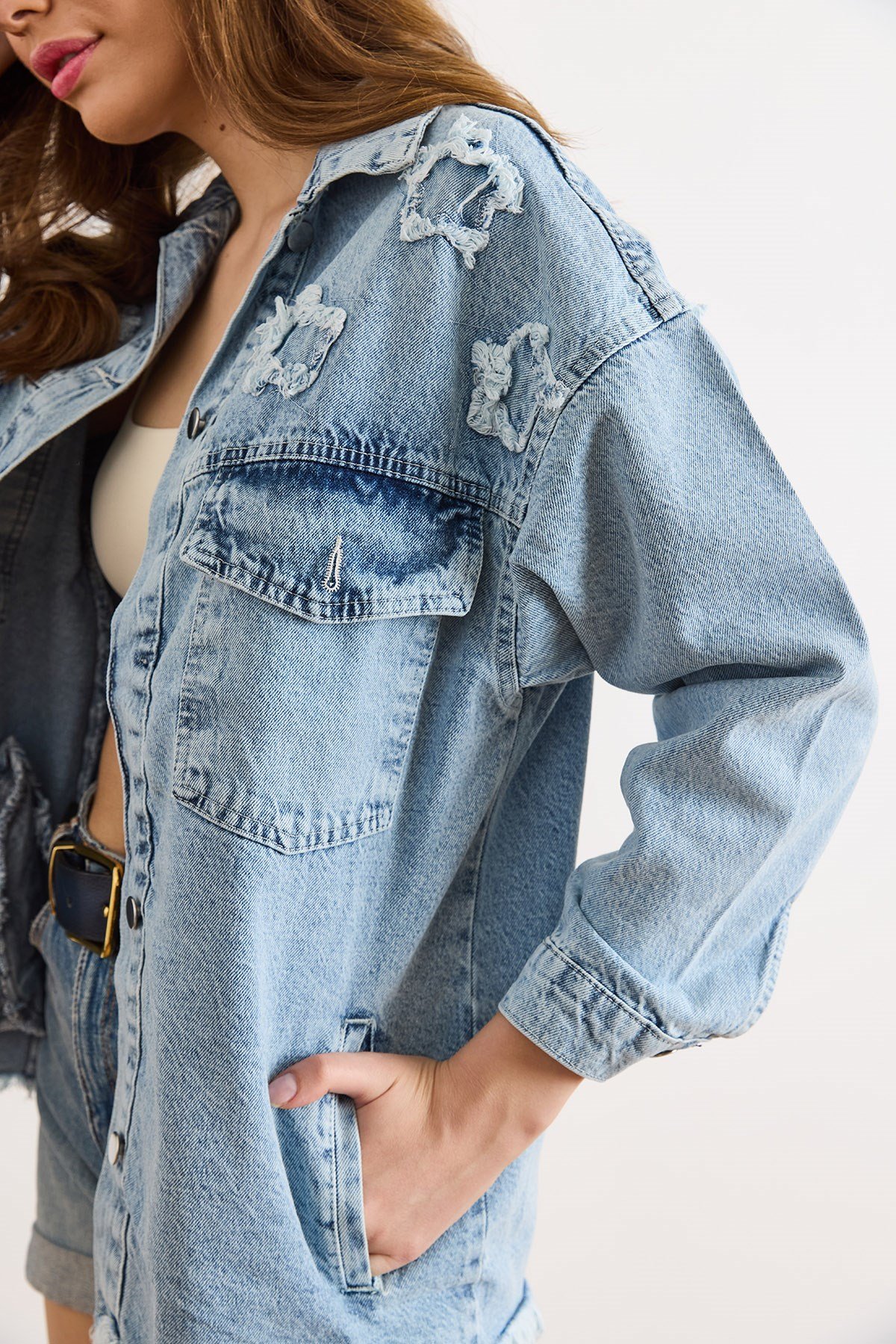 4 Cepli Yıldız Yama Detaylı Yıkanmış Denim Ceket Açık Mavi