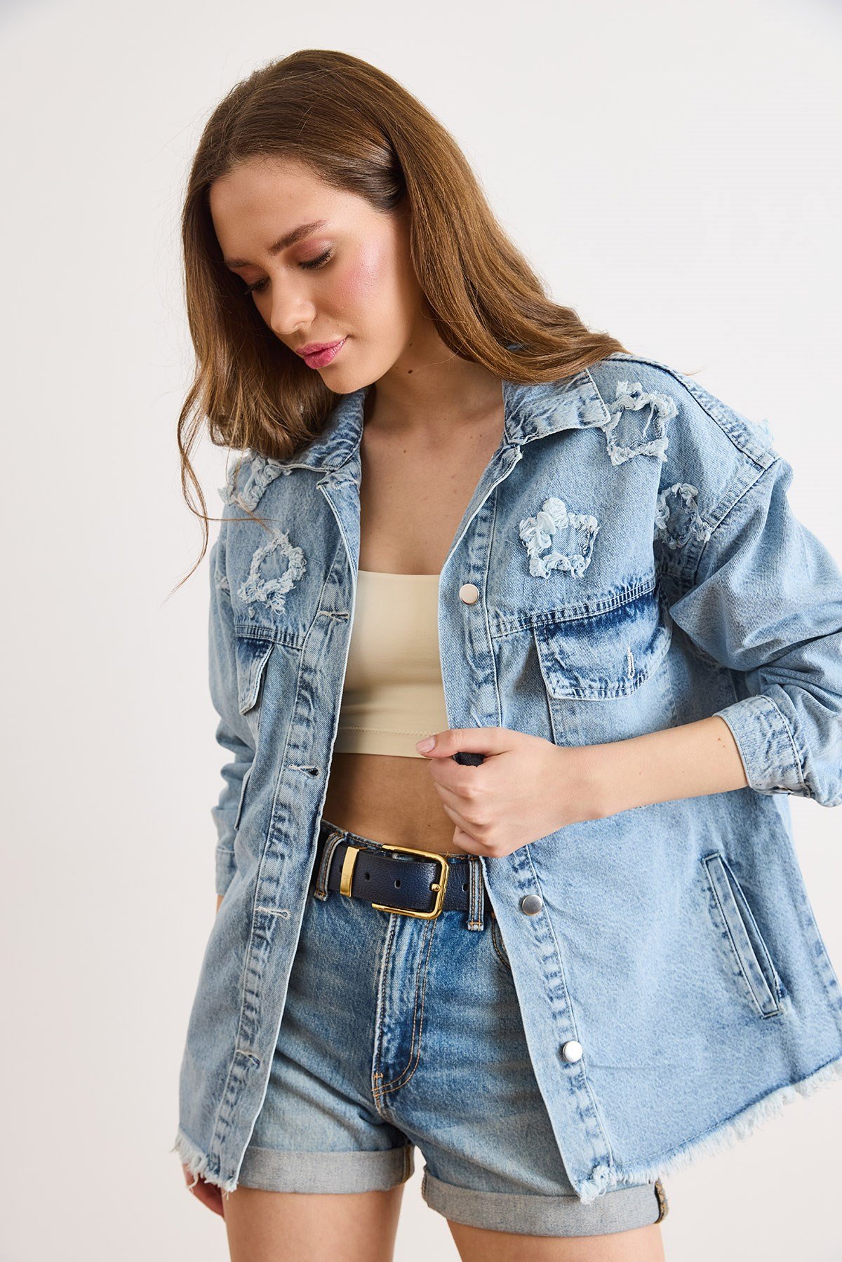 4 Cepli Yıldız Yama Detaylı Yıkanmış Denim Ceket Açık Mavi
