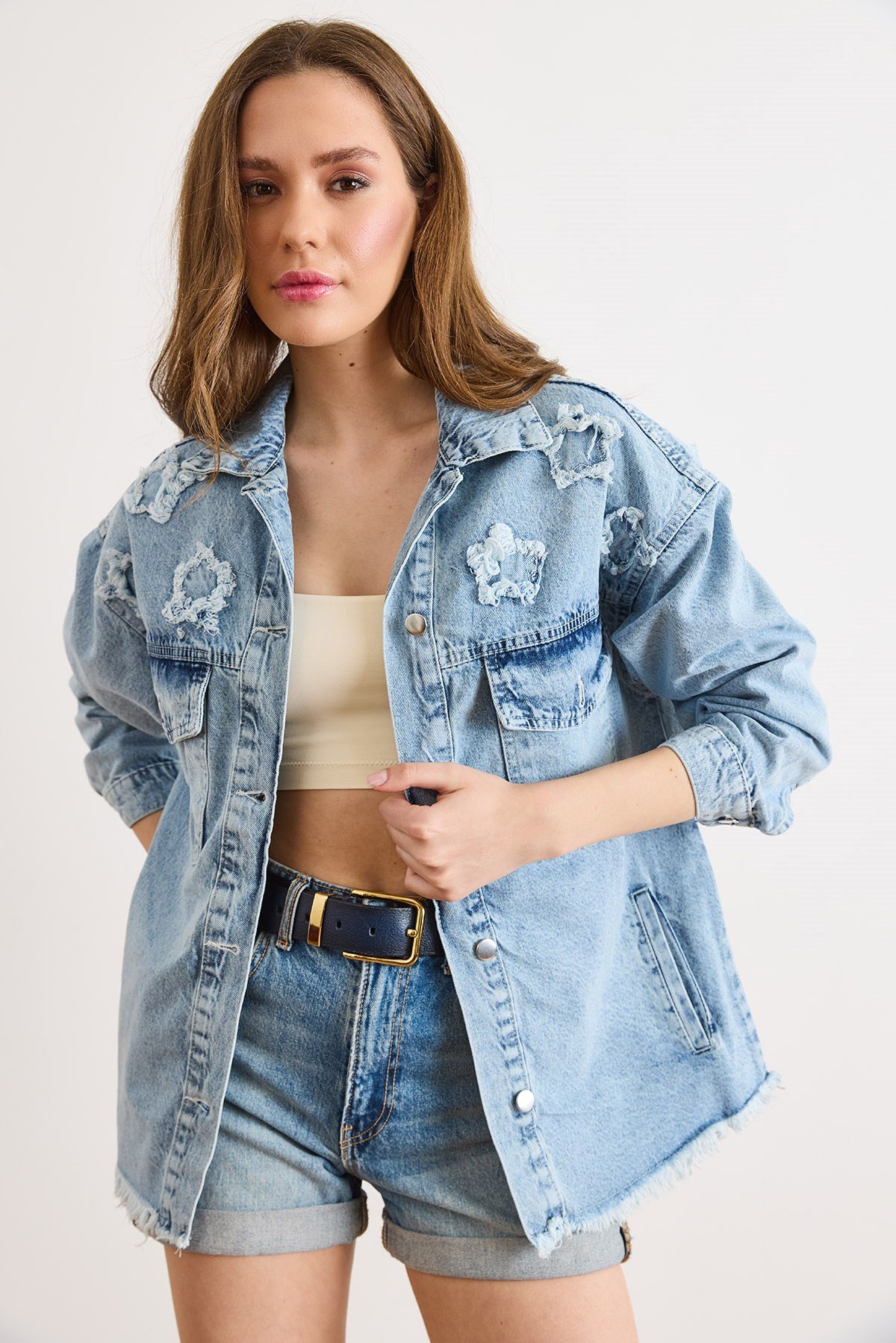 4 Cepli Yıldız Yama Detaylı Yıkanmış Denim Ceket Açık Mavi