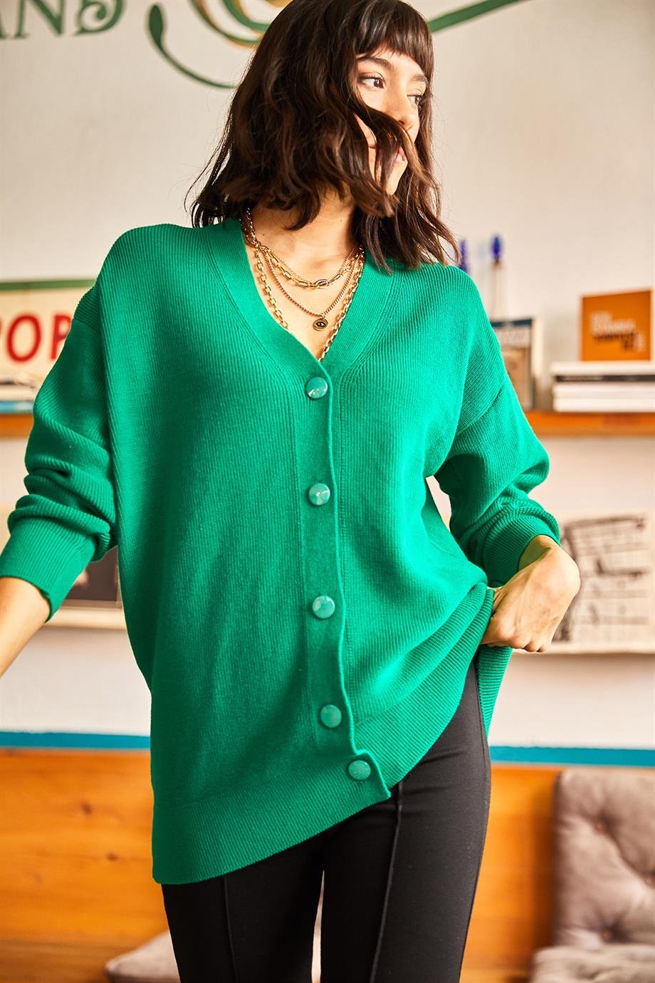 5 Düğmeli Yumuşak Dokulu Oversize Triko Hırka Yeşil
