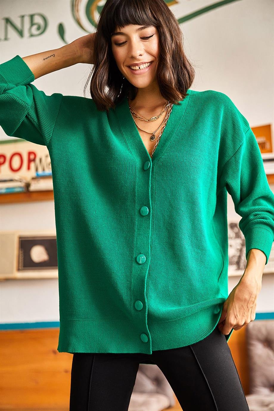 5 Düğmeli Yumuşak Dokulu Oversize Triko Hırka Yeşil