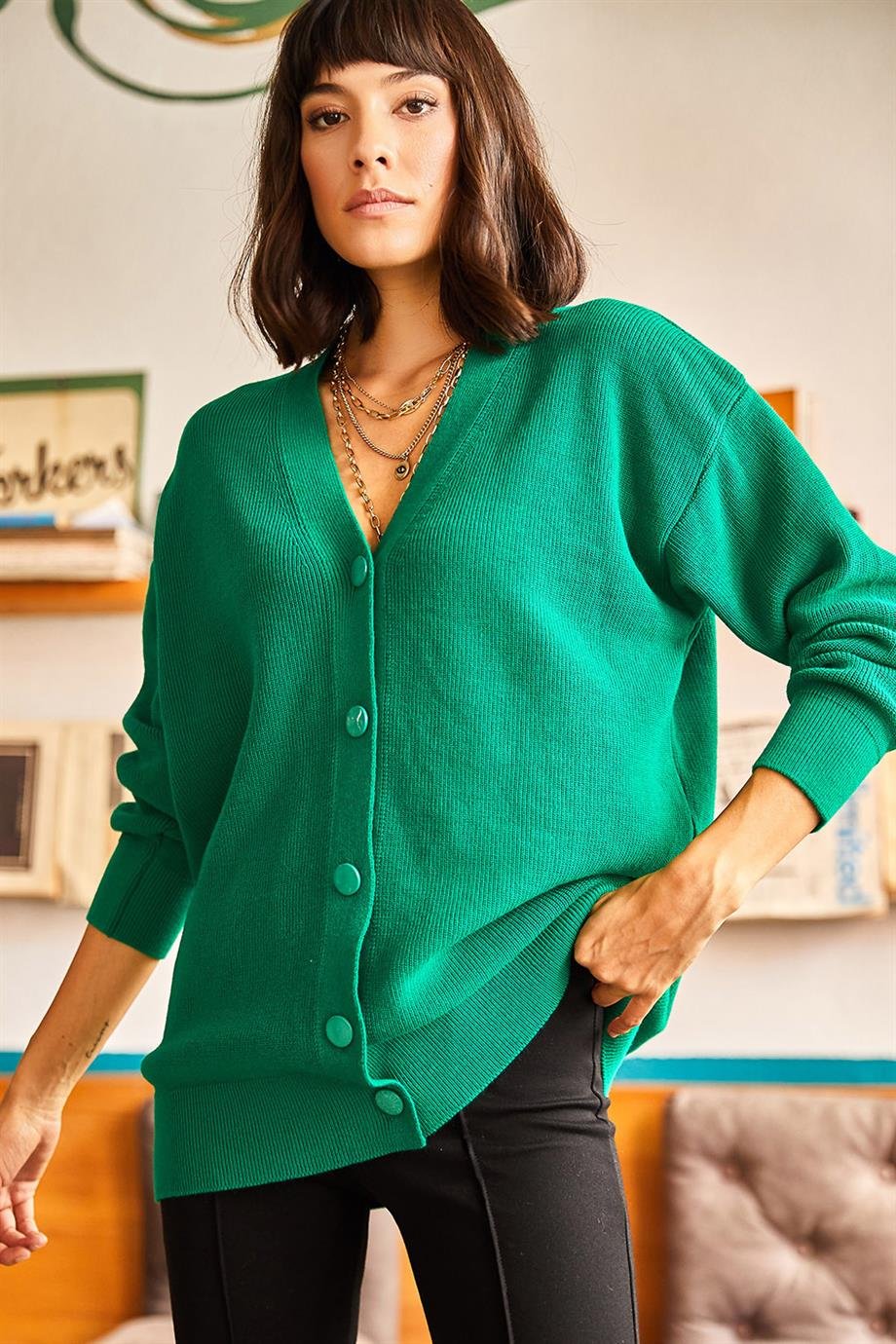 5 Düğmeli Yumuşak Dokulu Oversize Triko Hırka Yeşil