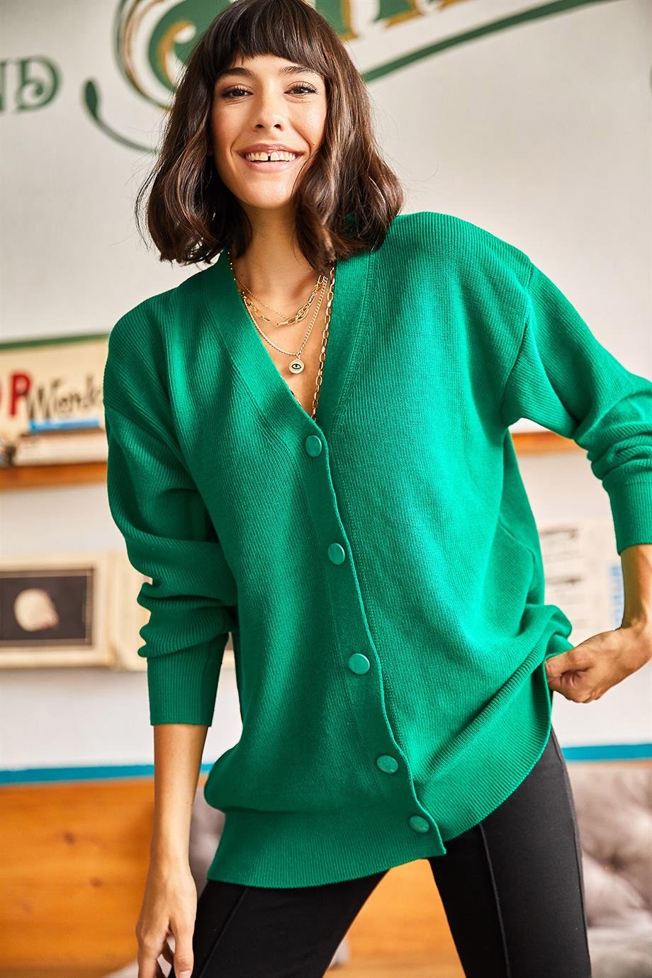 5 Düğmeli Yumuşak Dokulu Oversize Triko Hırka Yeşil