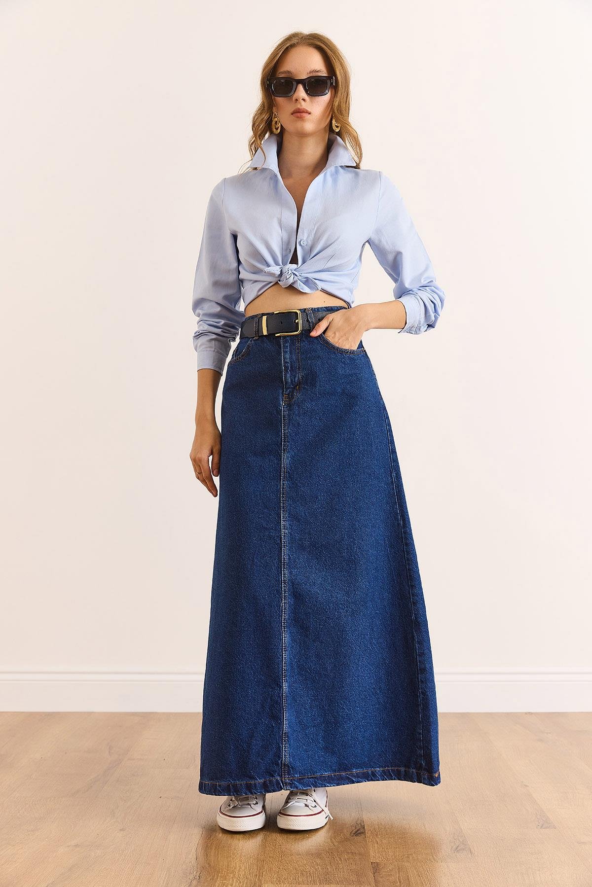 A Form Cepli Maxi Denim Etek Koyu Mavi