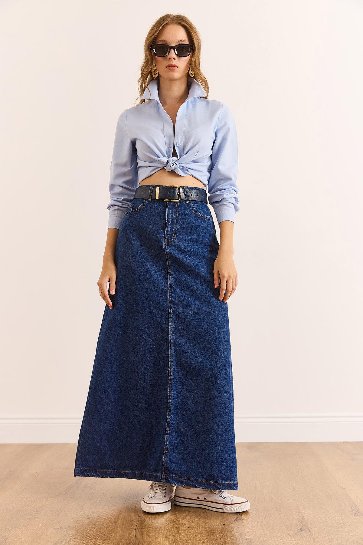 A Form Cepli Maxi Denim Etek Koyu Mavi