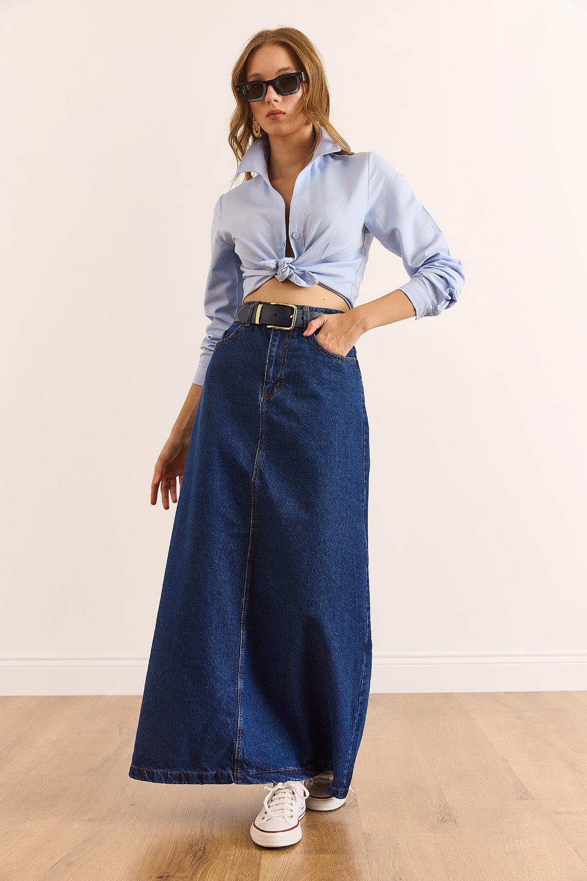 A Form Cepli Maxi Denim Etek Koyu Mavi
