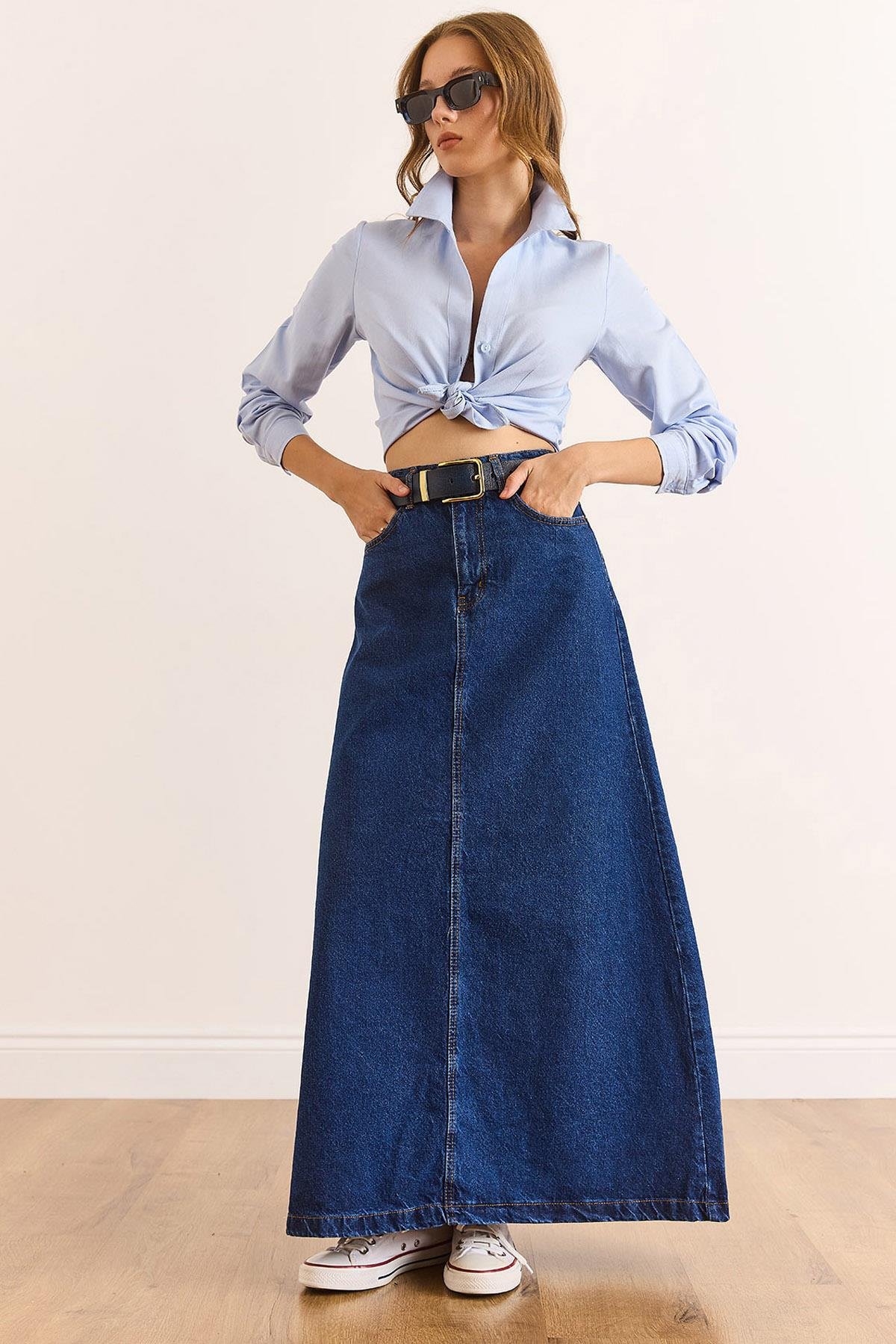 A Form Cepli Maxi Denim Etek Koyu Mavi