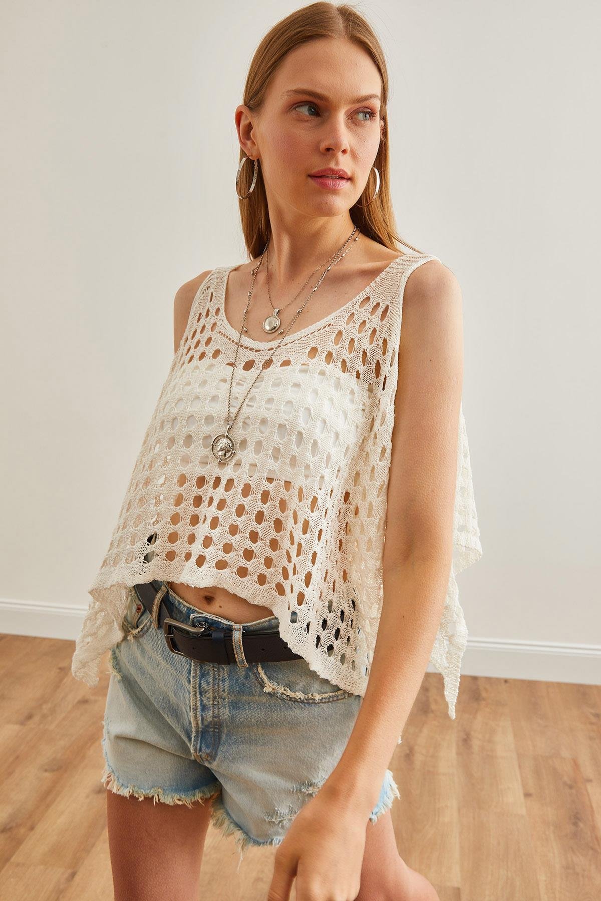 Ajurlu Crop Bolero Triko Bluz Ekru