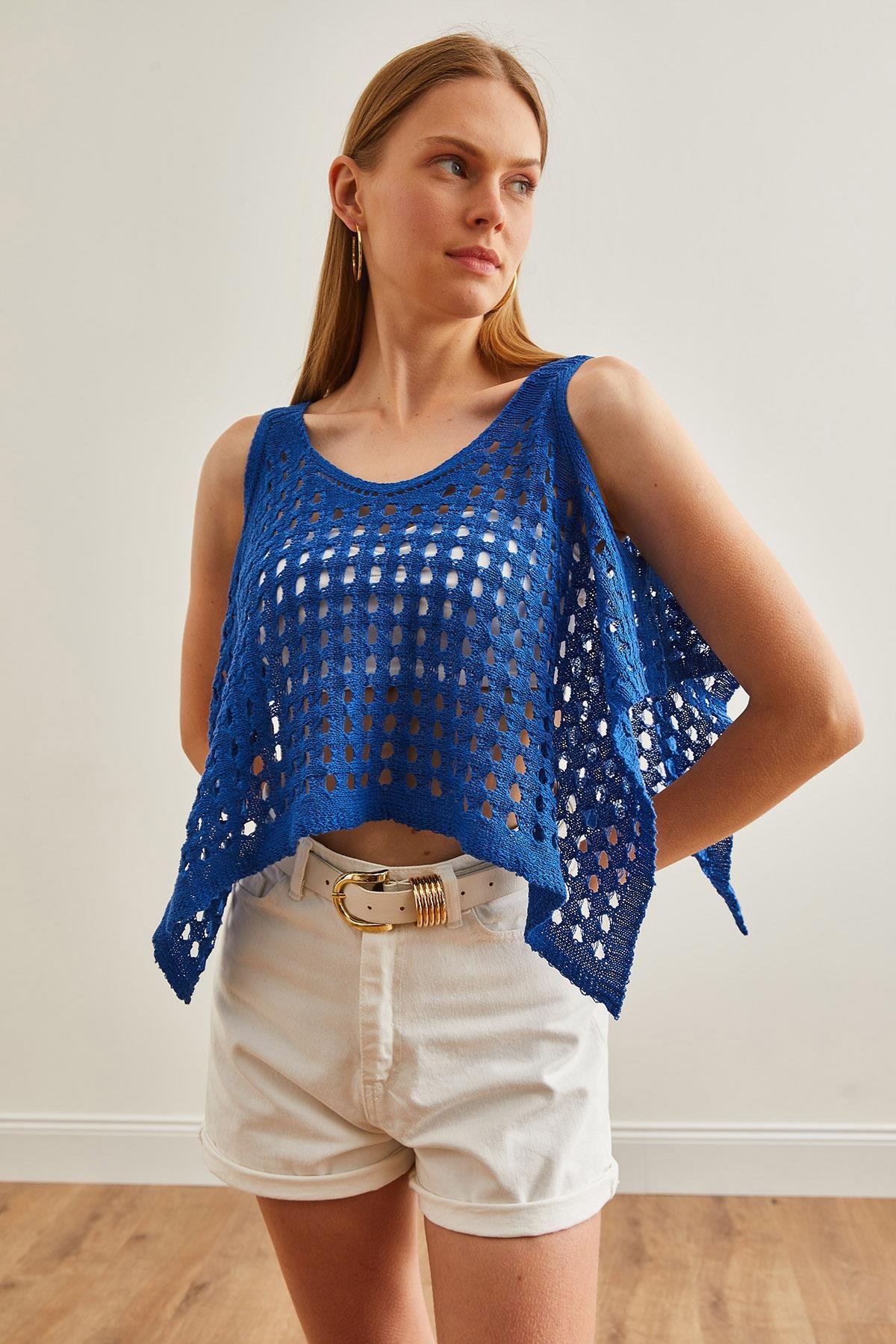 Ajurlu Crop Bolero Triko Bluz Saks Mavi