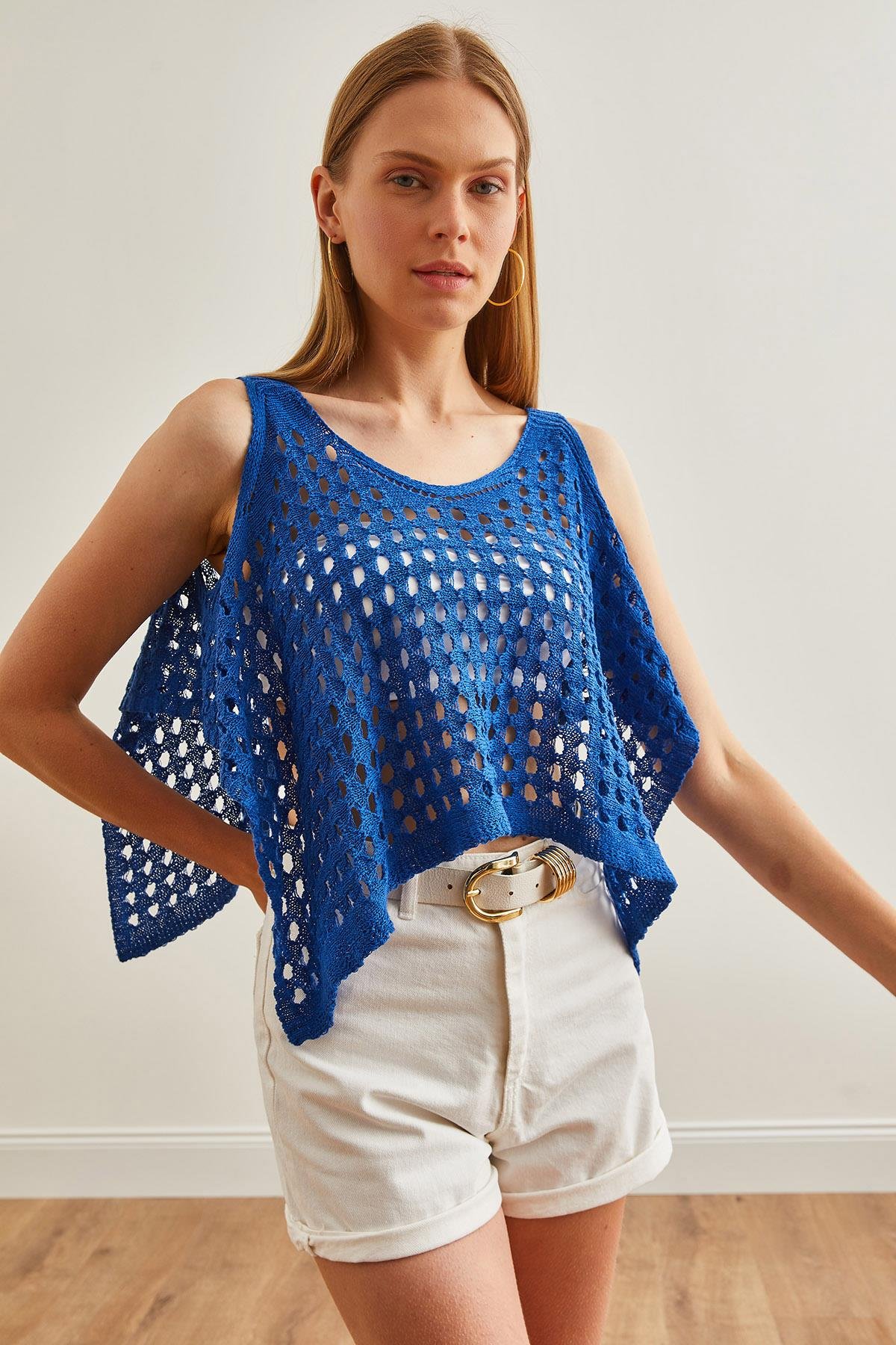 Ajurlu Crop Bolero Triko Bluz Saks Mavi