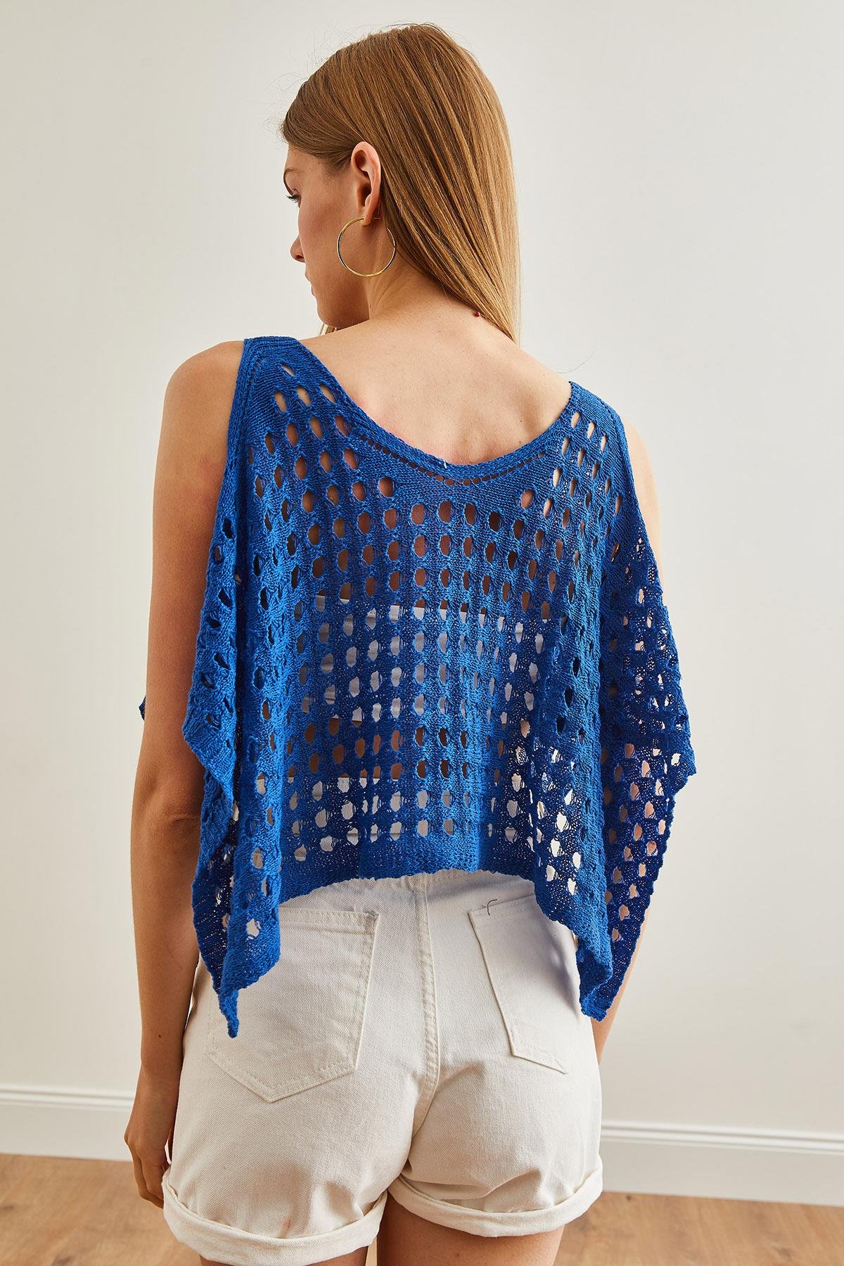Ajurlu Crop Bolero Triko Bluz Saks Mavi