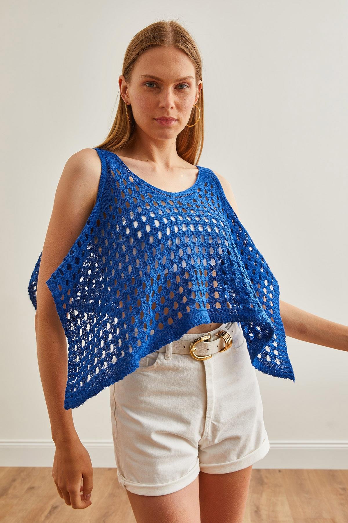 Ajurlu Crop Bolero Triko Bluz Saks Mavi
