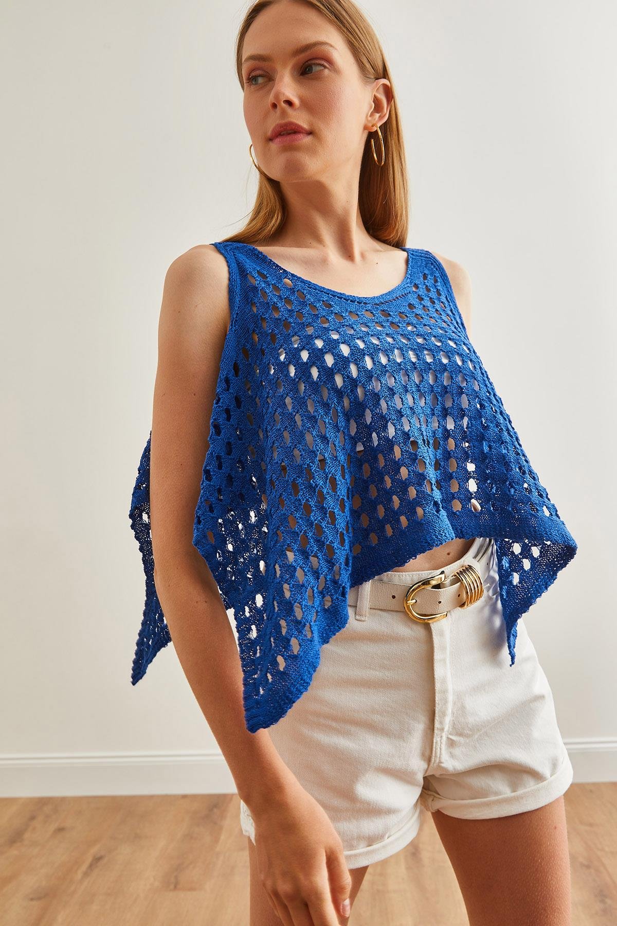 Ajurlu Crop Bolero Triko Bluz Saks Mavi