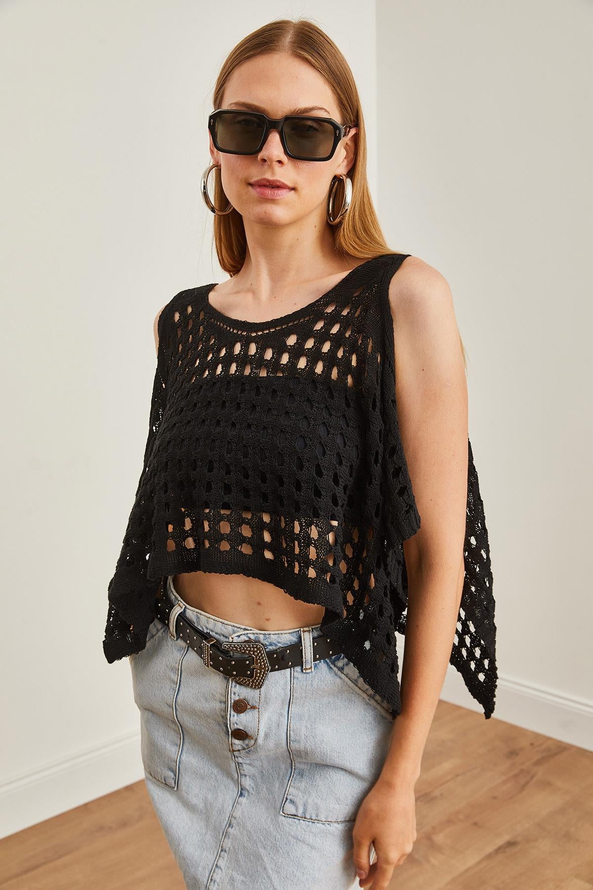 Ajurlu Crop Bolero Triko Bluz Siyah