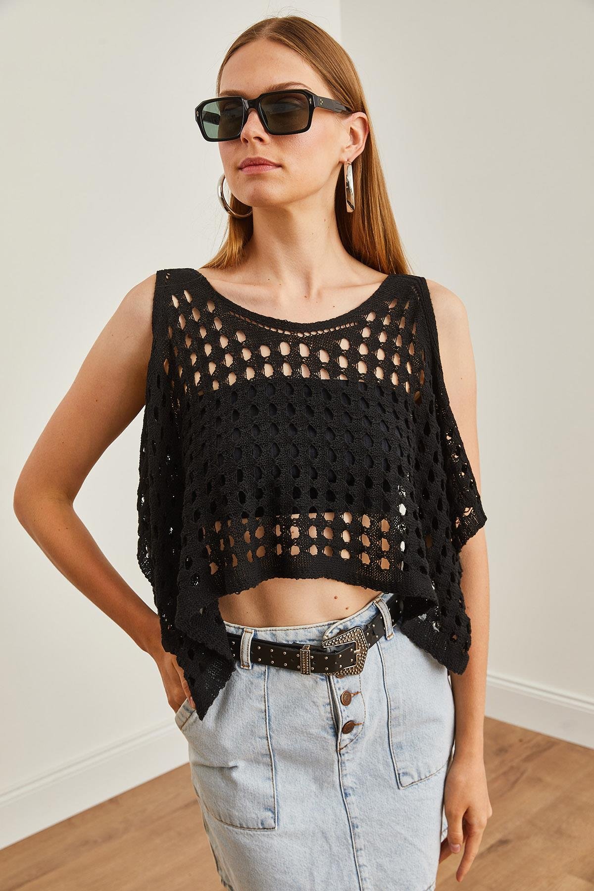 Ajurlu Crop Bolero Triko Bluz Siyah
