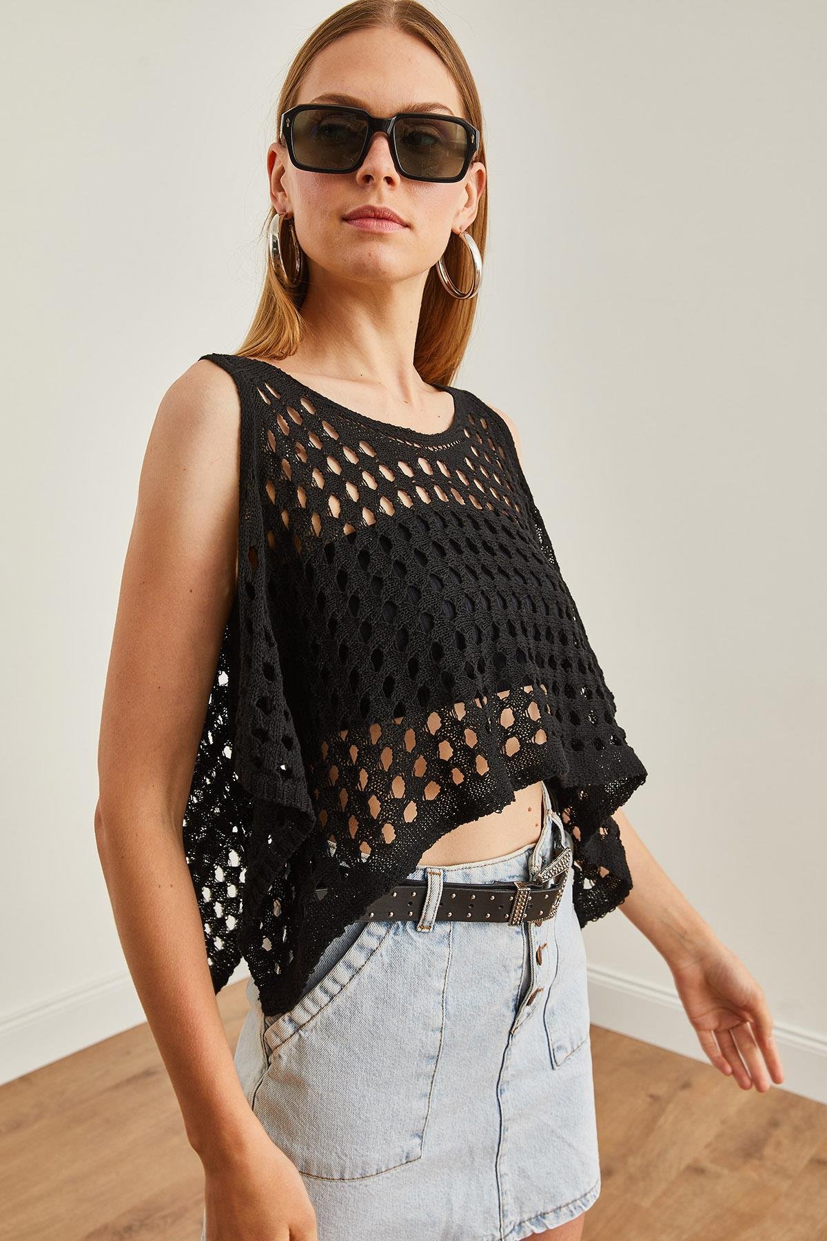 Ajurlu Crop Bolero Triko Bluz Siyah