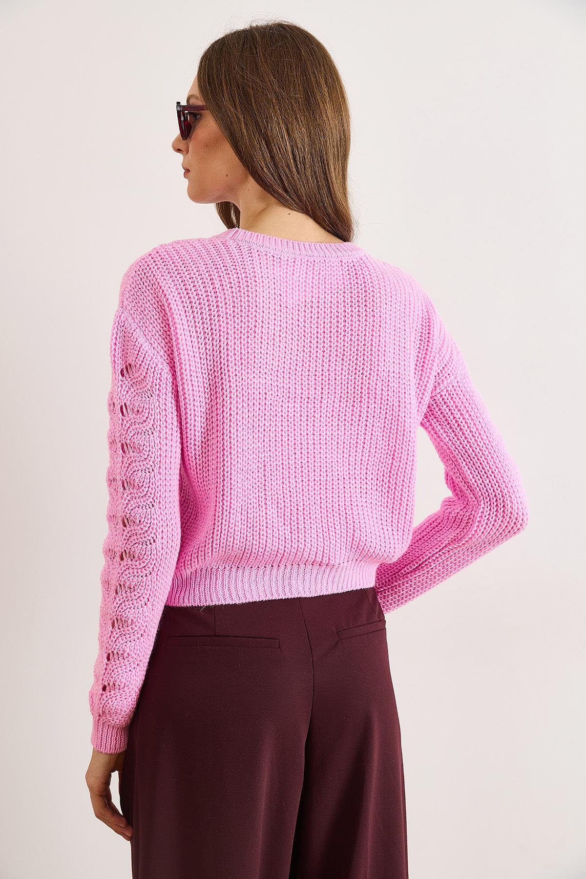 Ajurlu Crop Triko Kazak Şeker Pembe