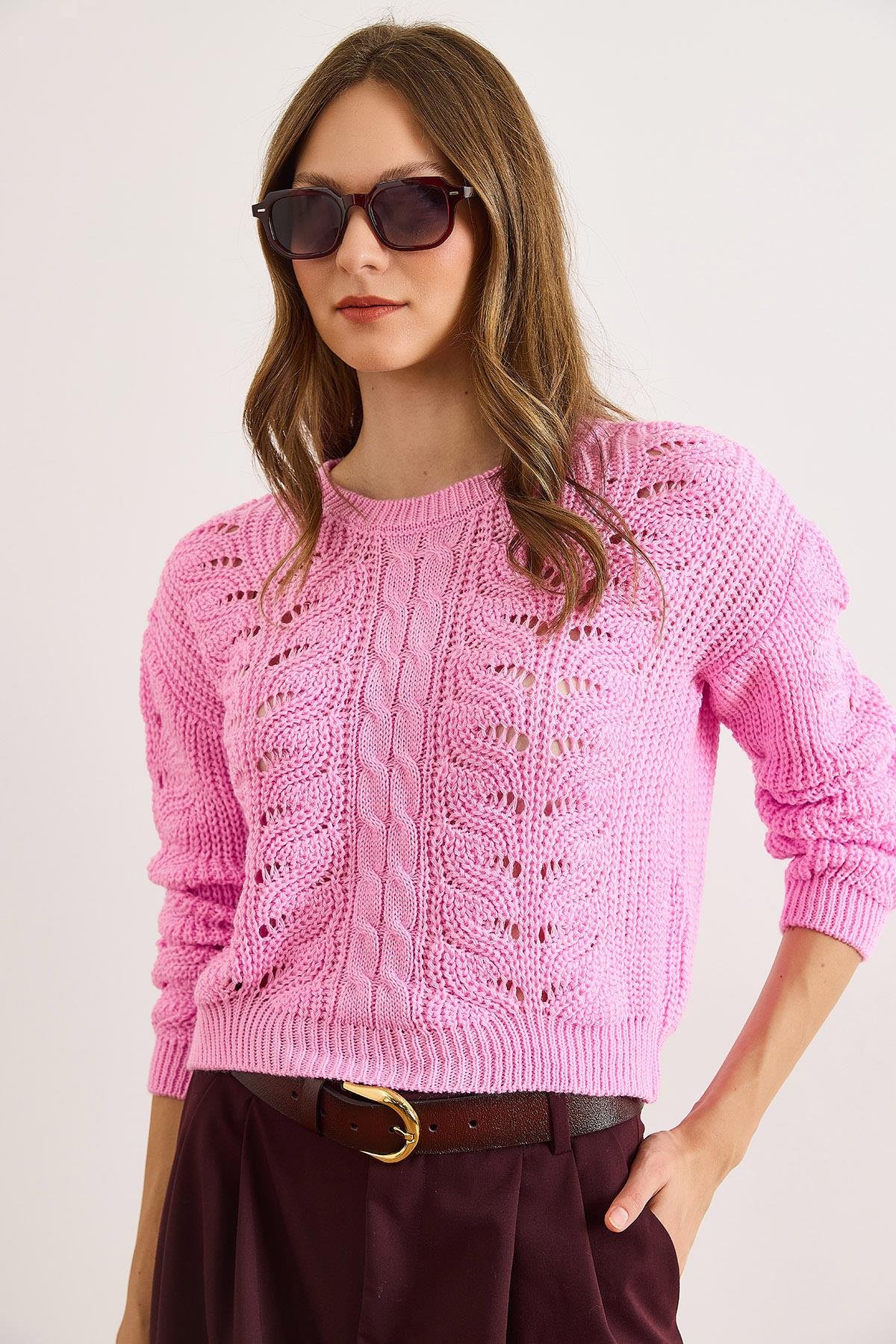 Ajurlu Crop Triko Kazak Şeker Pembe