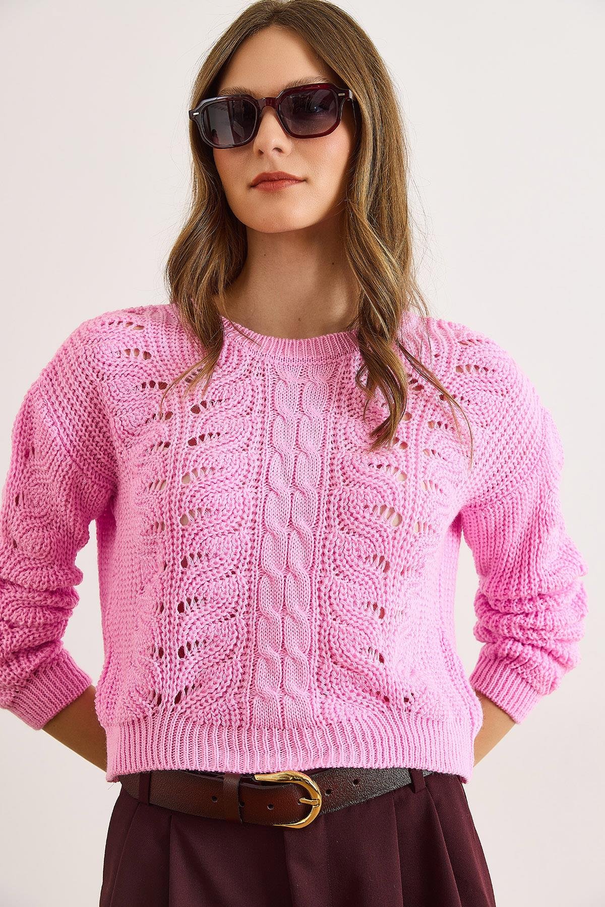 Ajurlu Crop Triko Kazak Şeker Pembe