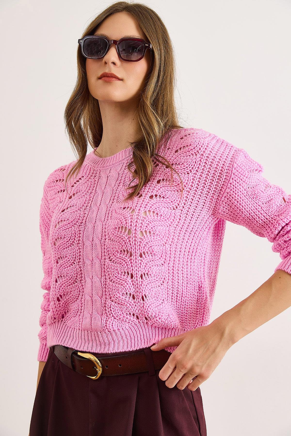 Ajurlu Crop Triko Kazak Şeker Pembe