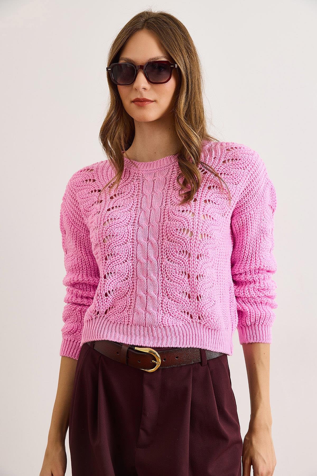 Ajurlu Crop Triko Kazak Şeker Pembe