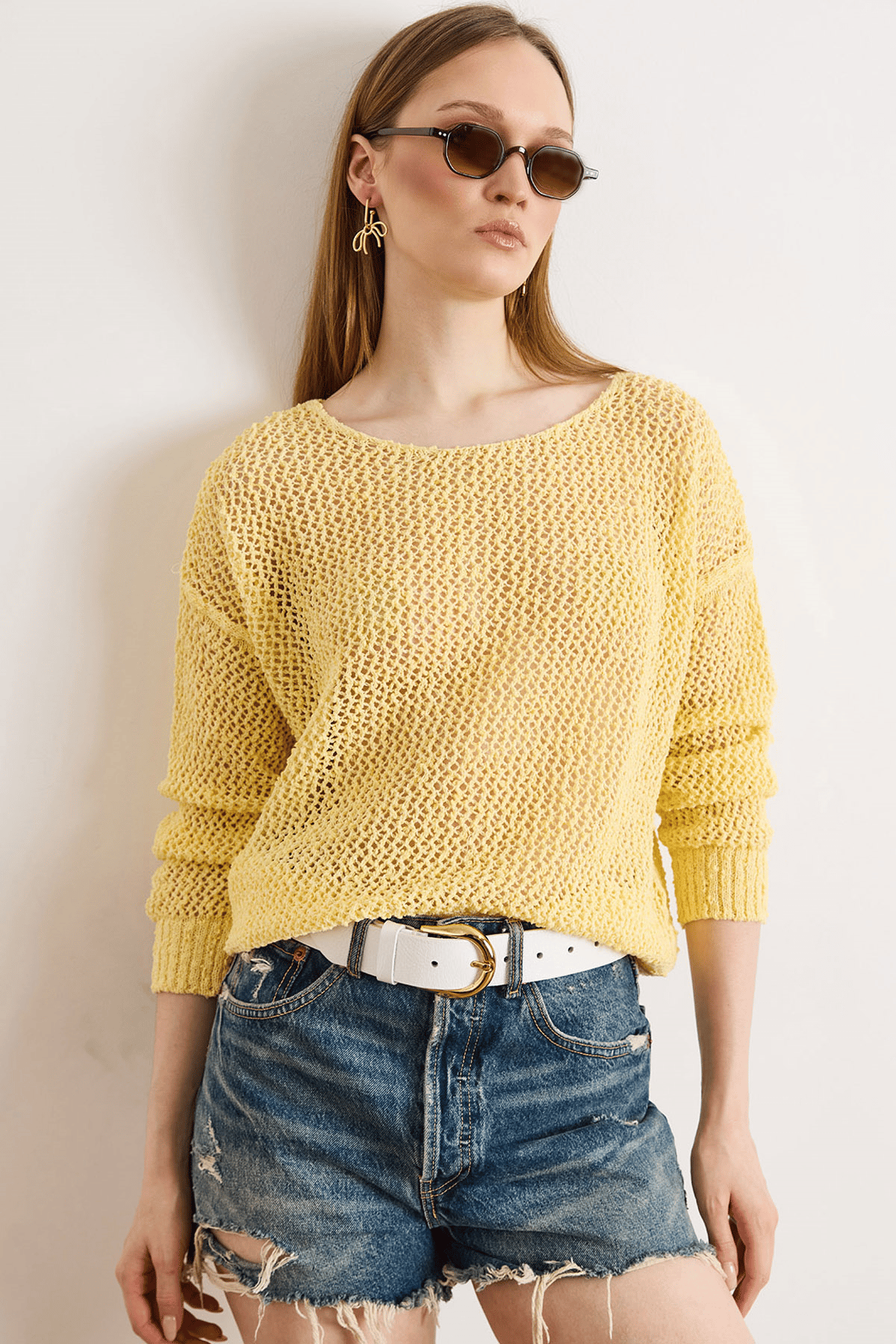 Ajurlu Pamuk İçerikli Boho Triko Bluz Sarı