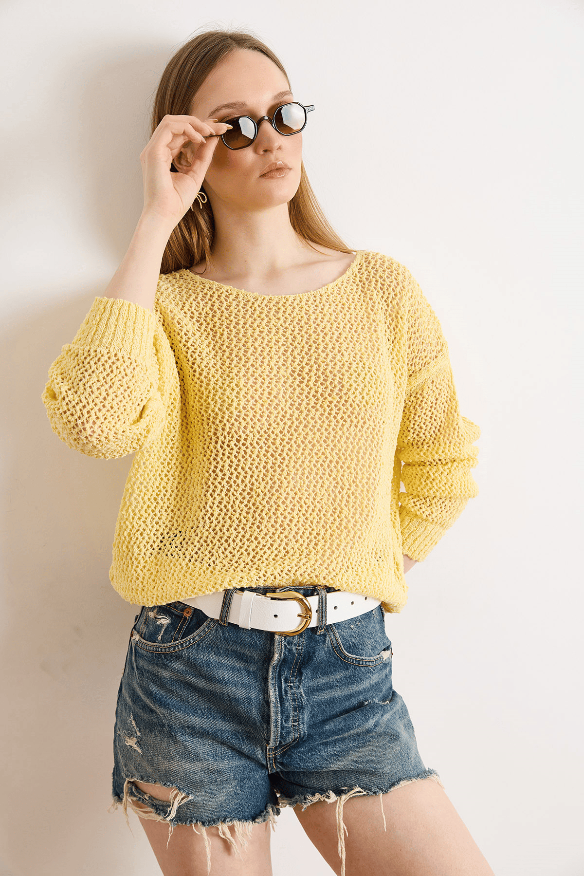 Ajurlu Pamuk İçerikli Boho Triko Bluz Sarı