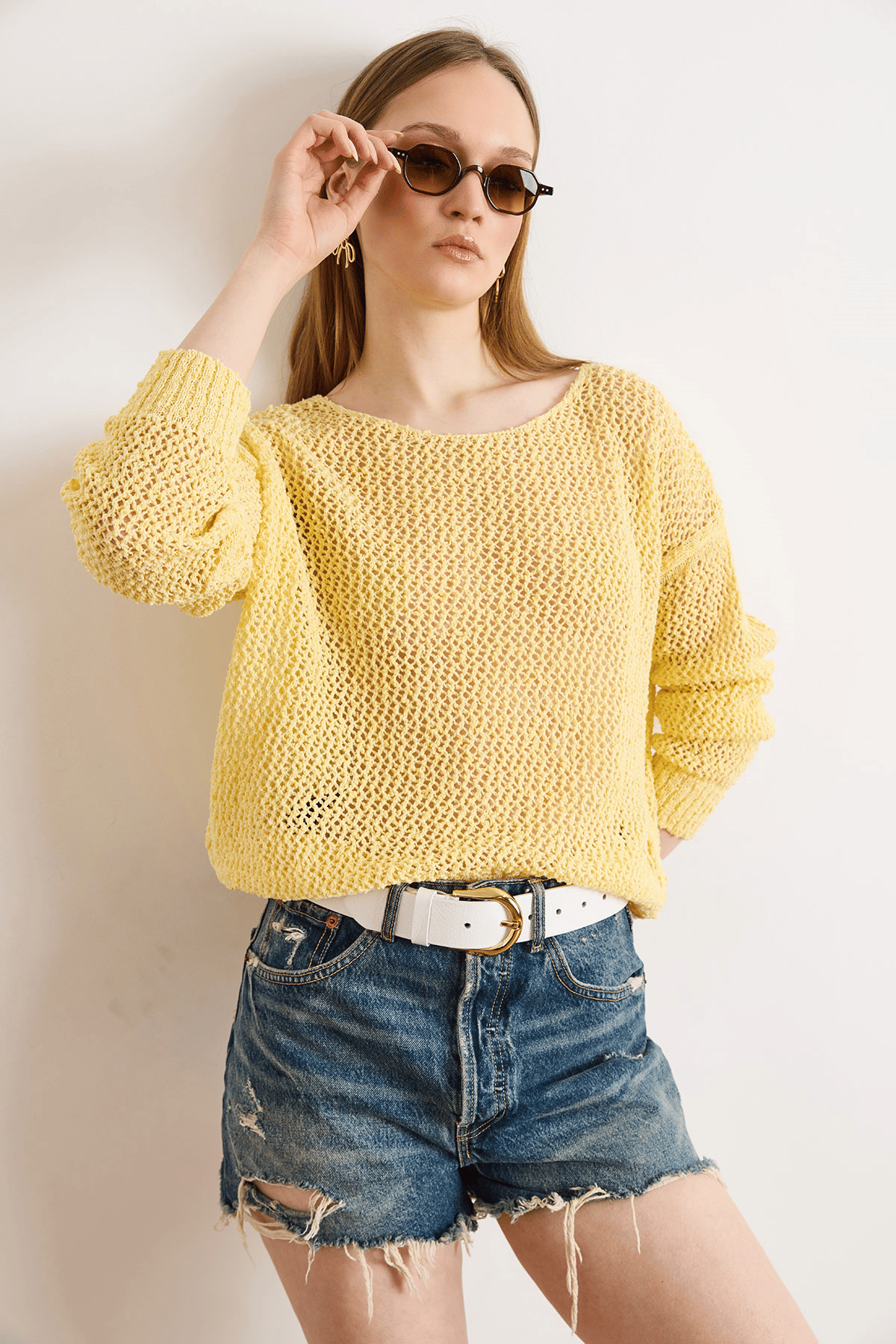 Ajurlu Pamuk İçerikli Boho Triko Bluz Sarı