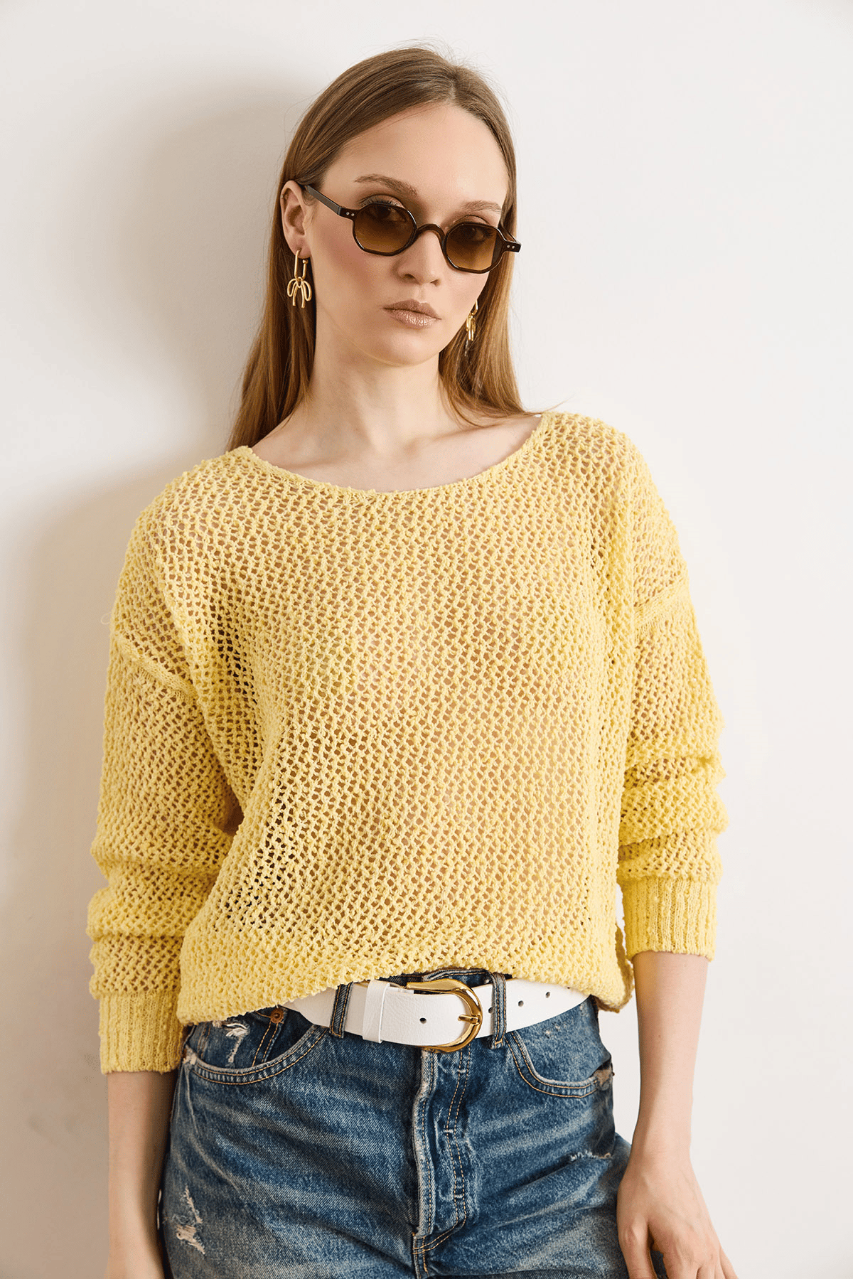 Ajurlu Pamuk İçerikli Boho Triko Bluz Sarı