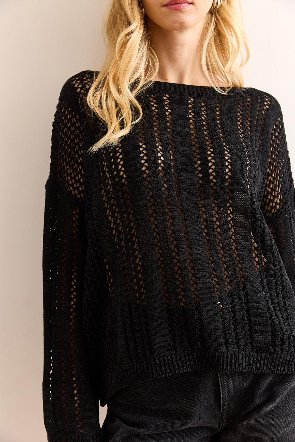 Ajurlu Relaxed Fit Mevsimlik Triko Bluz Siyah