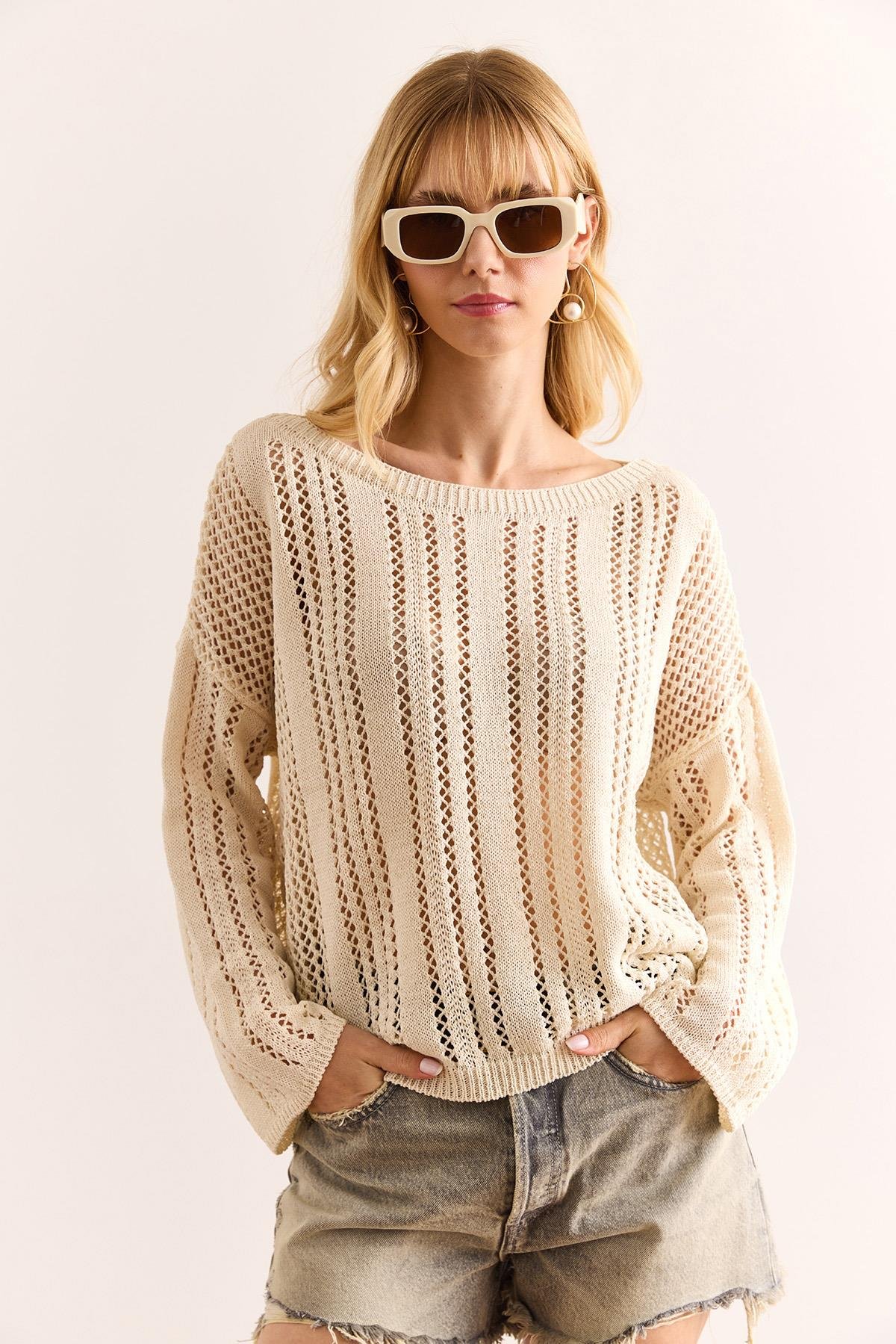 Ajurlu Relaxed Fit Mevsimlik Triko Bluz Ekru
