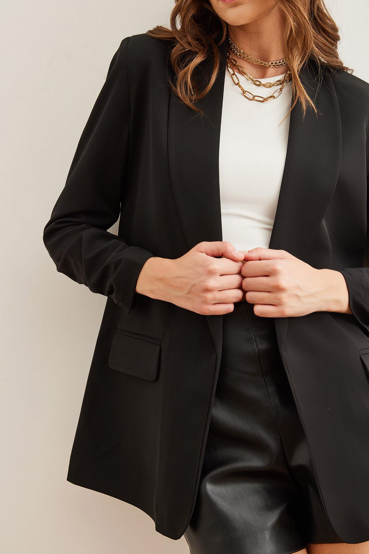 Aksesuar Cepli Kolu Büzgülü Astarlı Blazer Ceket Siyah