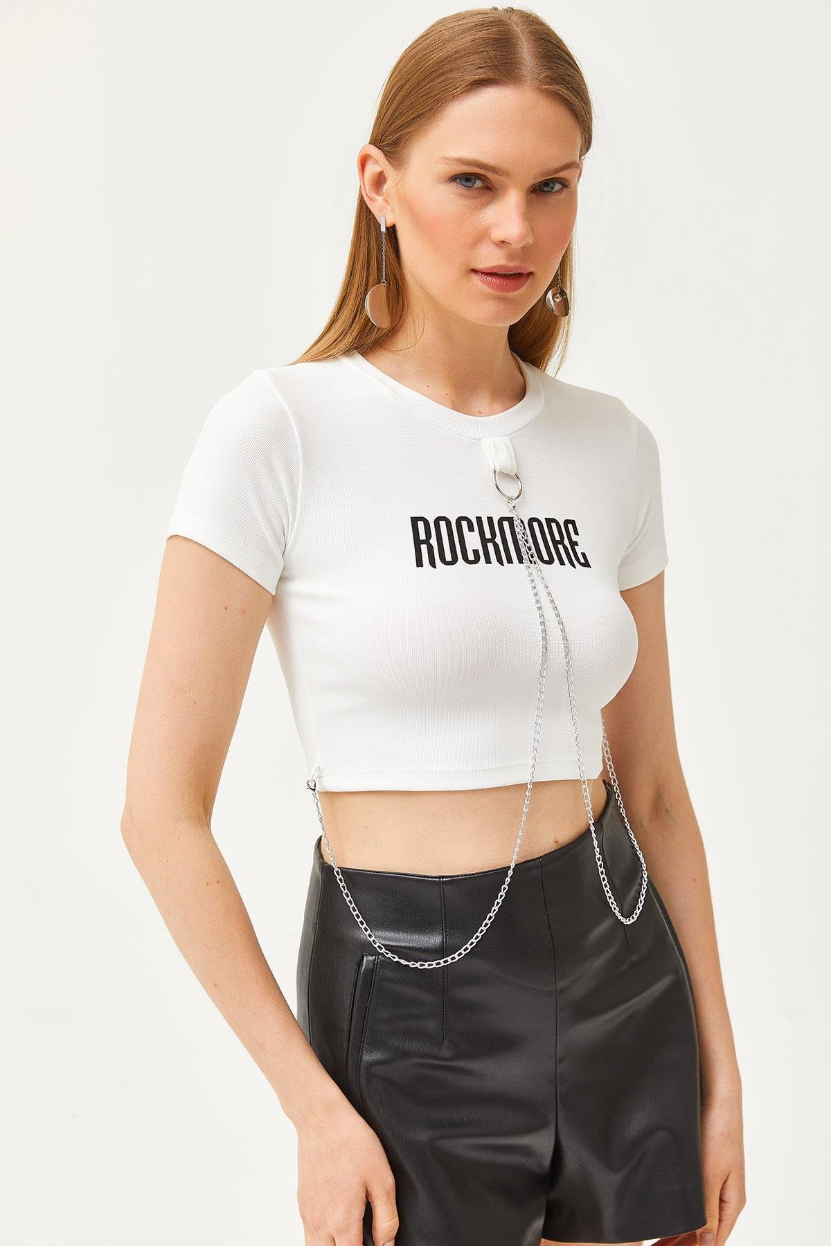 Aksesuarlı Ottoman Crop Bluz Beyaz