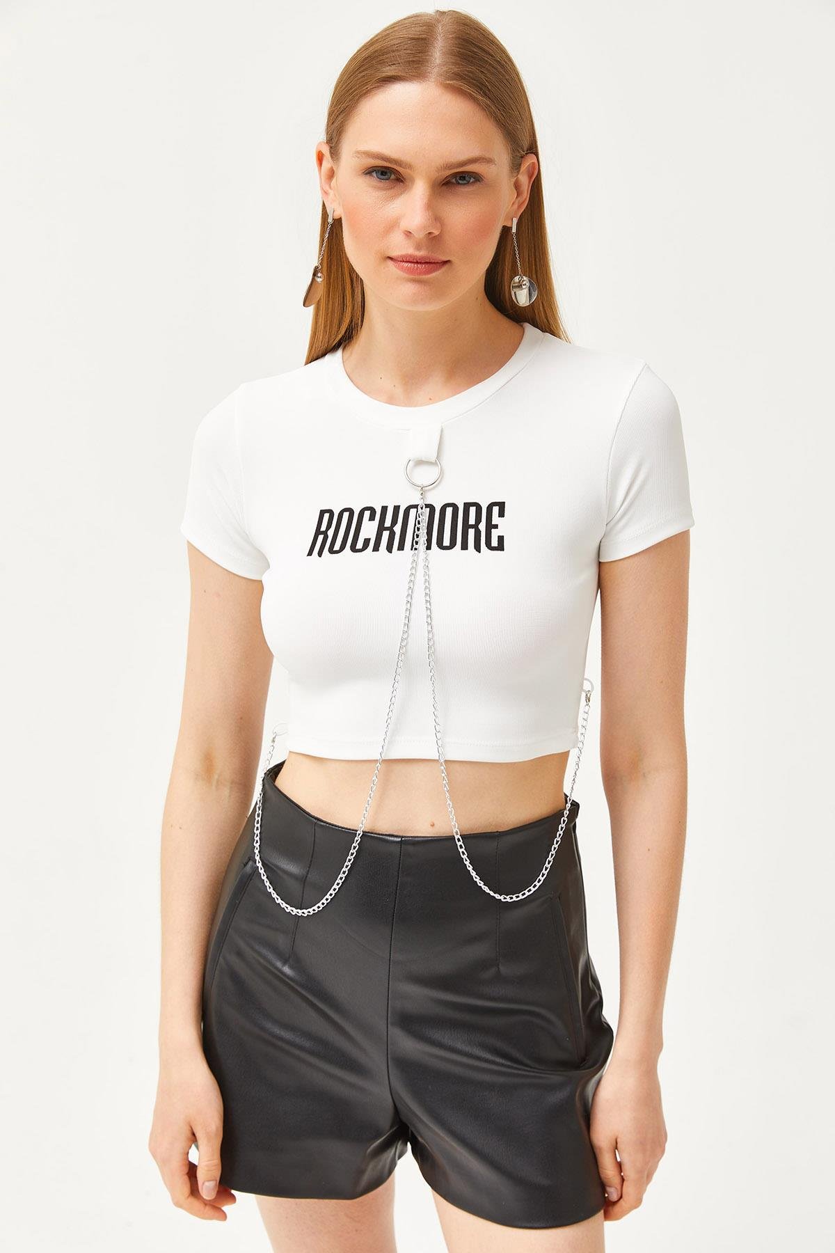 Aksesuarlı Ottoman Crop Bluz Beyaz