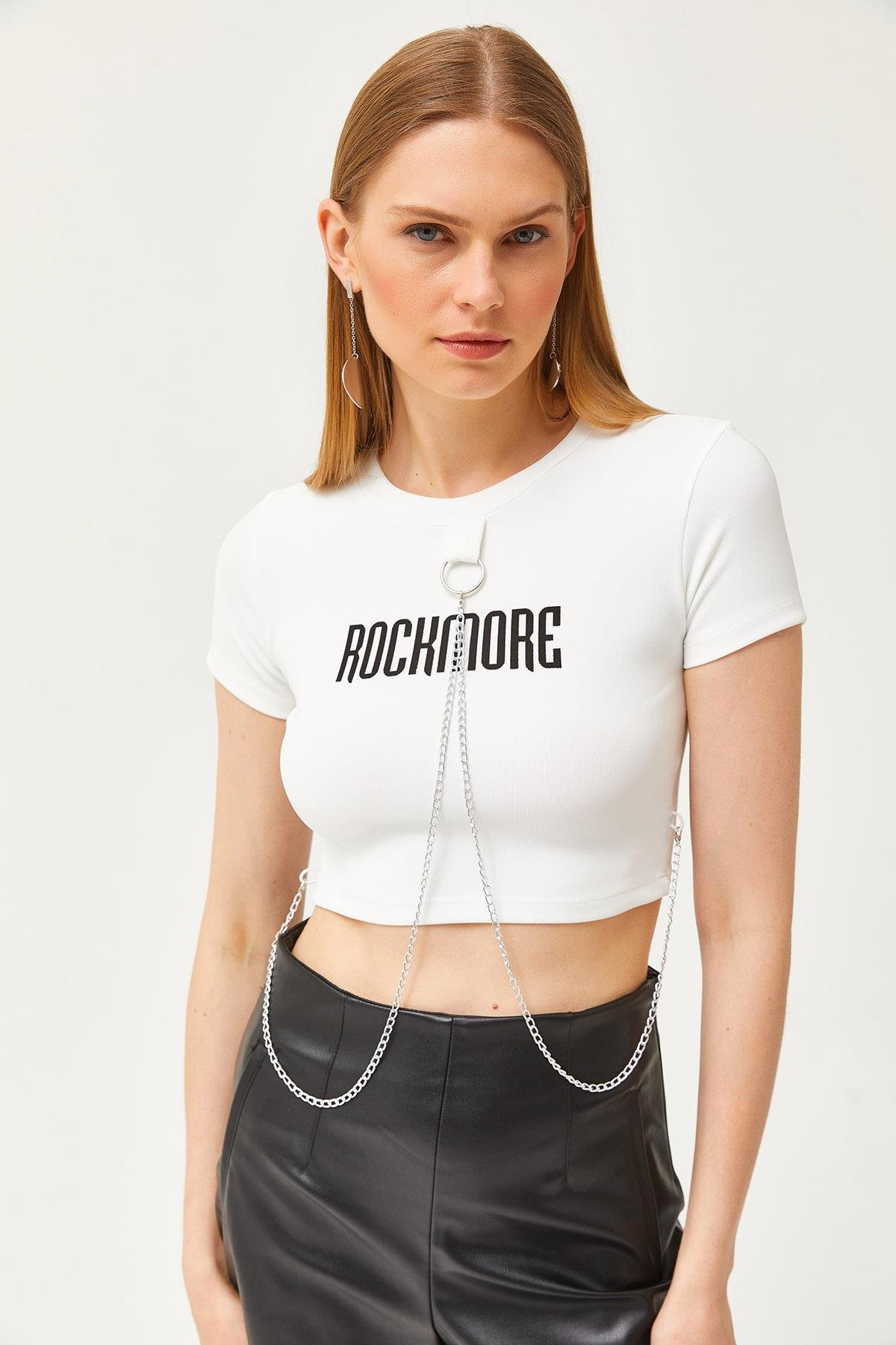 Aksesuarlı Ottoman Crop Bluz Beyaz