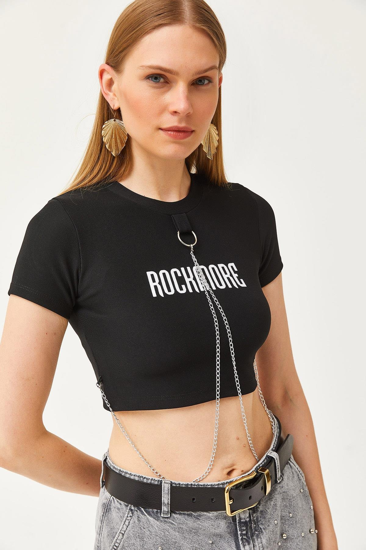 Aksesuarlı Ottoman Crop Bluz Siyah