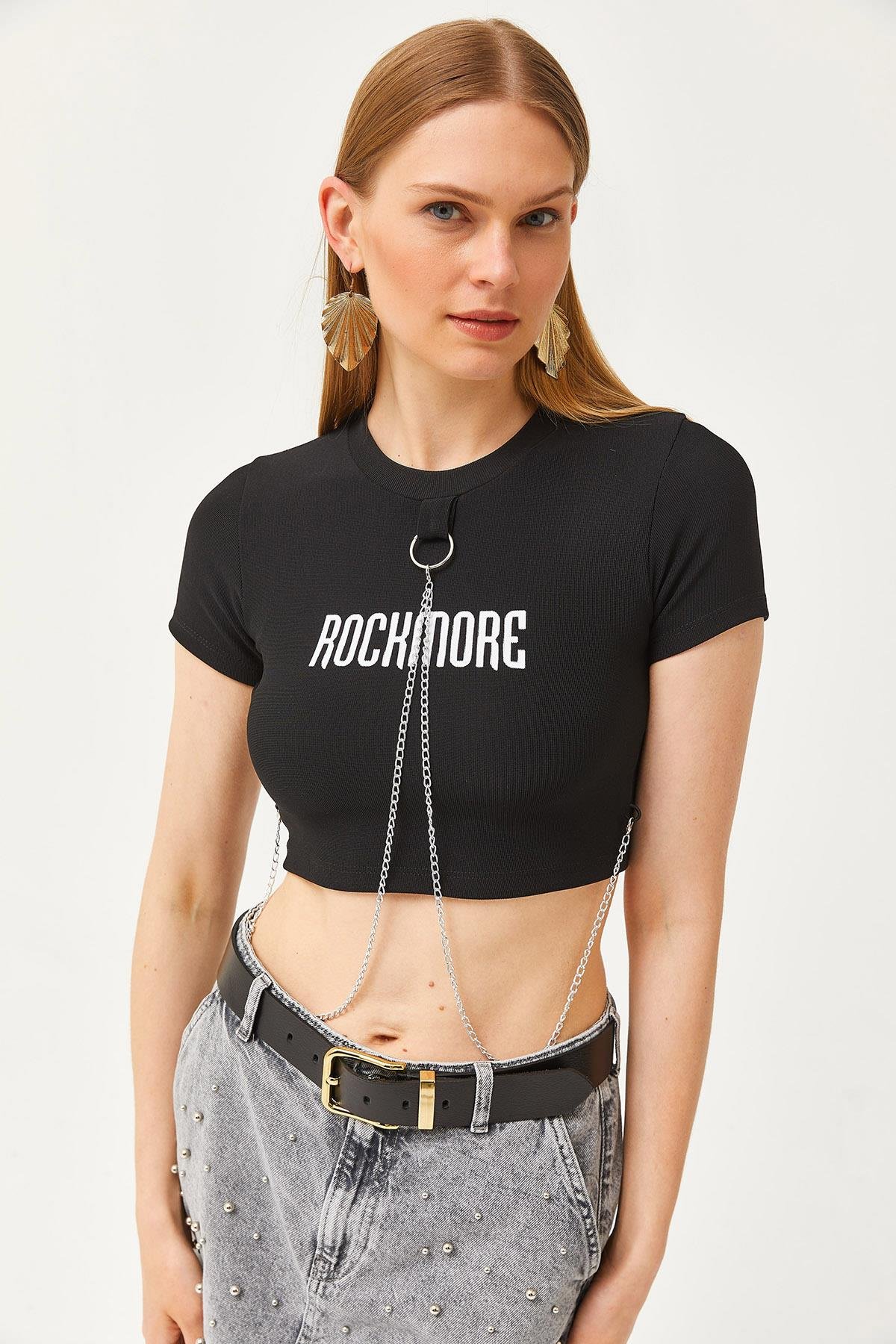 Aksesuarlı Ottoman Crop Bluz Siyah