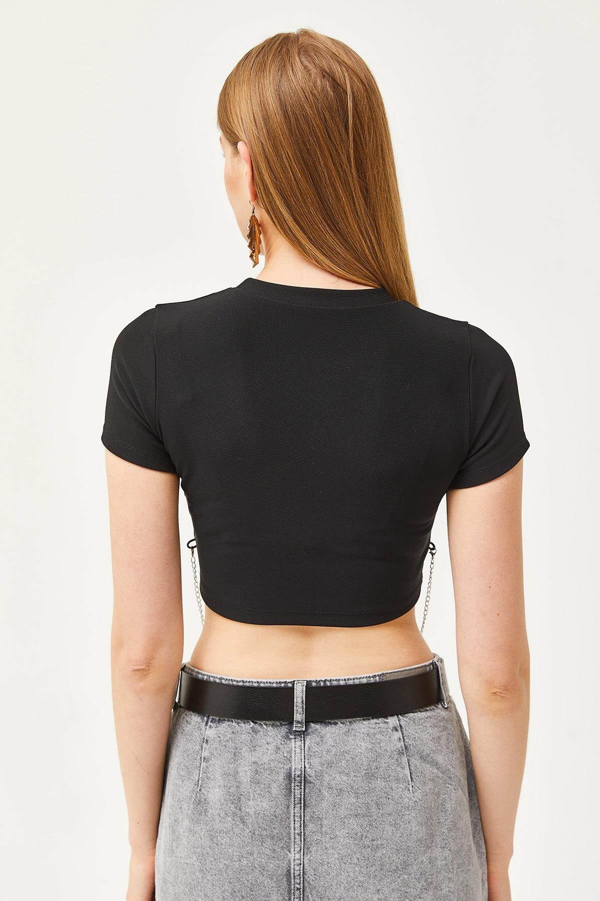 Aksesuarlı Ottoman Crop Bluz Siyah