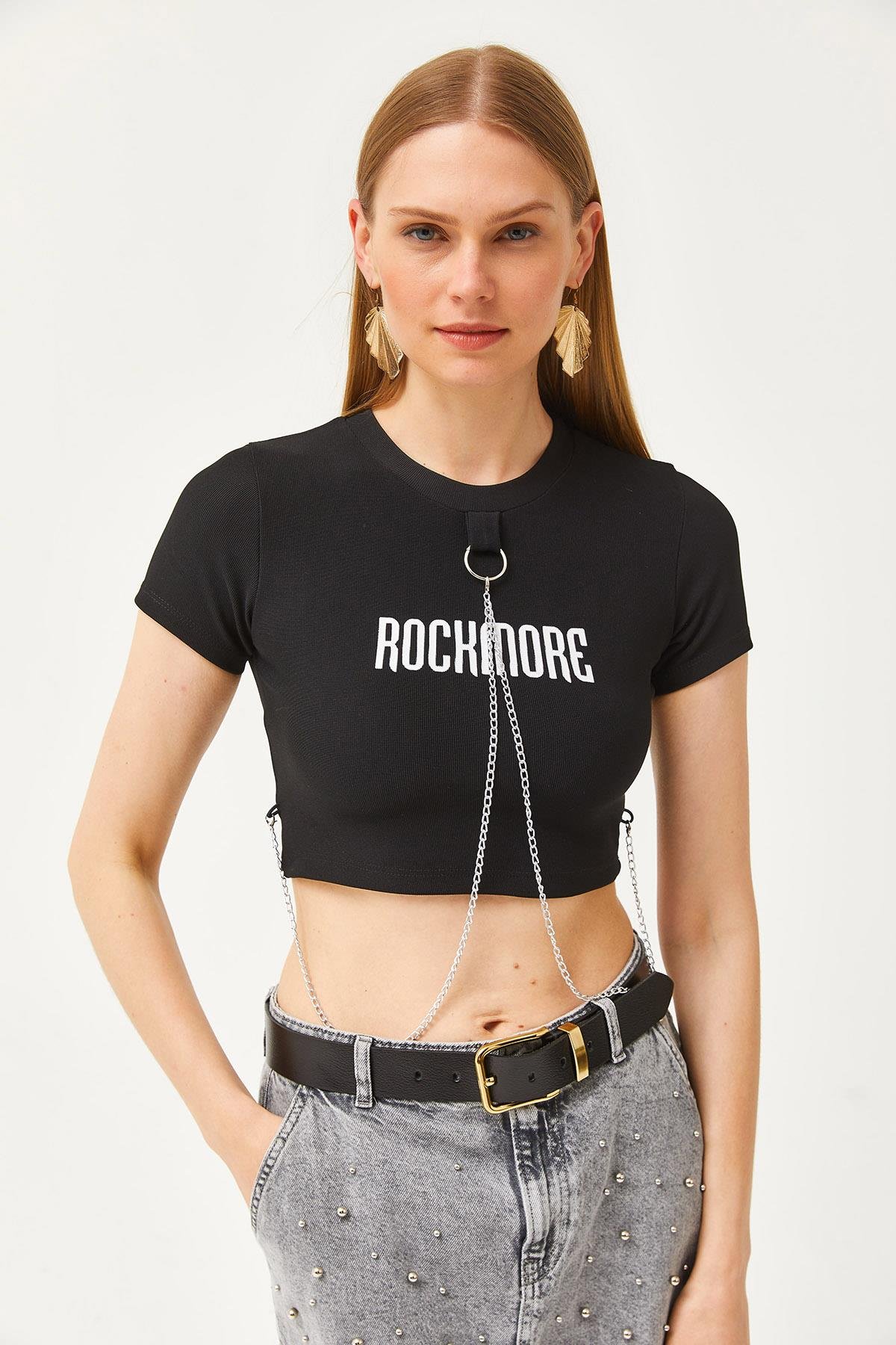 Aksesuarlı Ottoman Crop Bluz Siyah