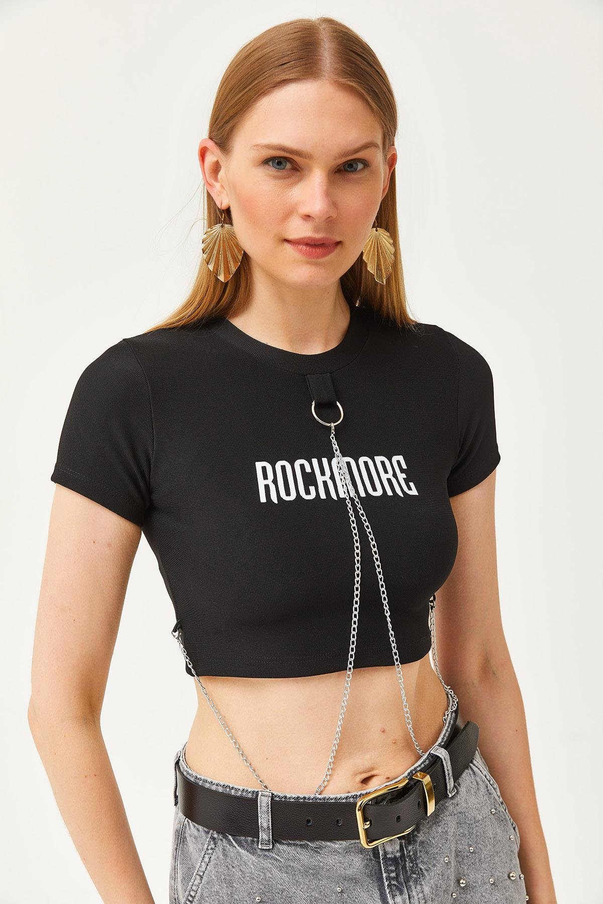 Aksesuarlı Ottoman Crop Bluz Siyah