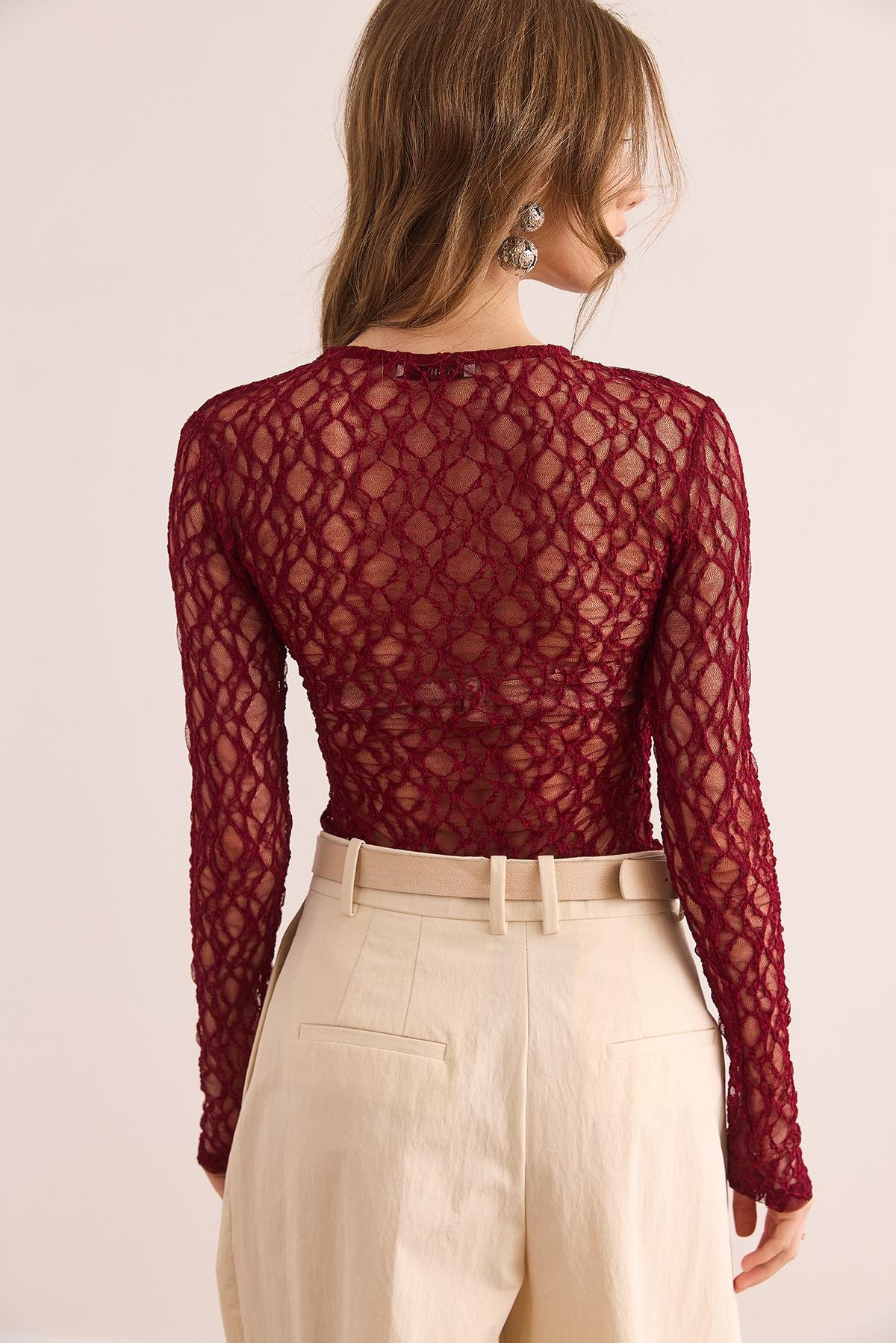 Altı Çıtçıt lı Esnek Bodysuit Bordo