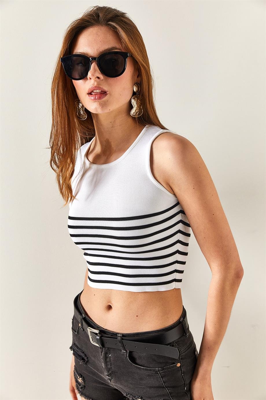 Altı Çizgili Crop Triko Bluz Beyaz