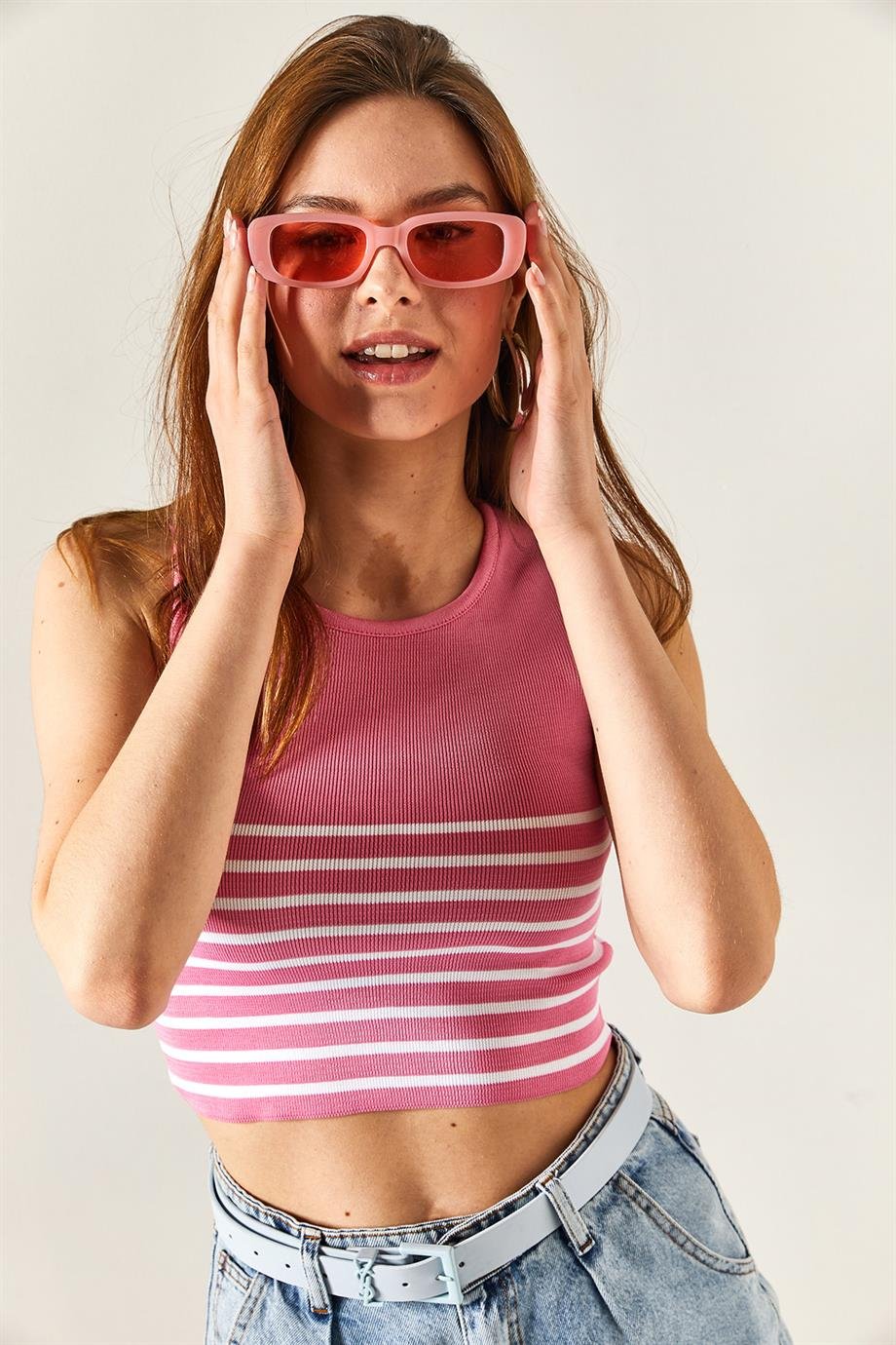 Altı Çizgili Crop Triko Bluz Pembe