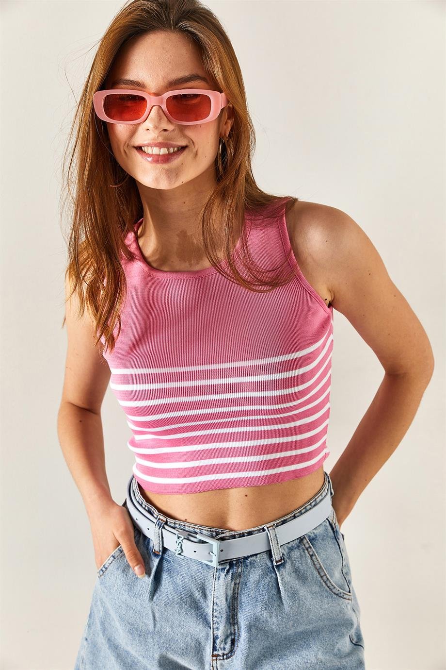 Altı Çizgili Crop Triko Bluz Pembe