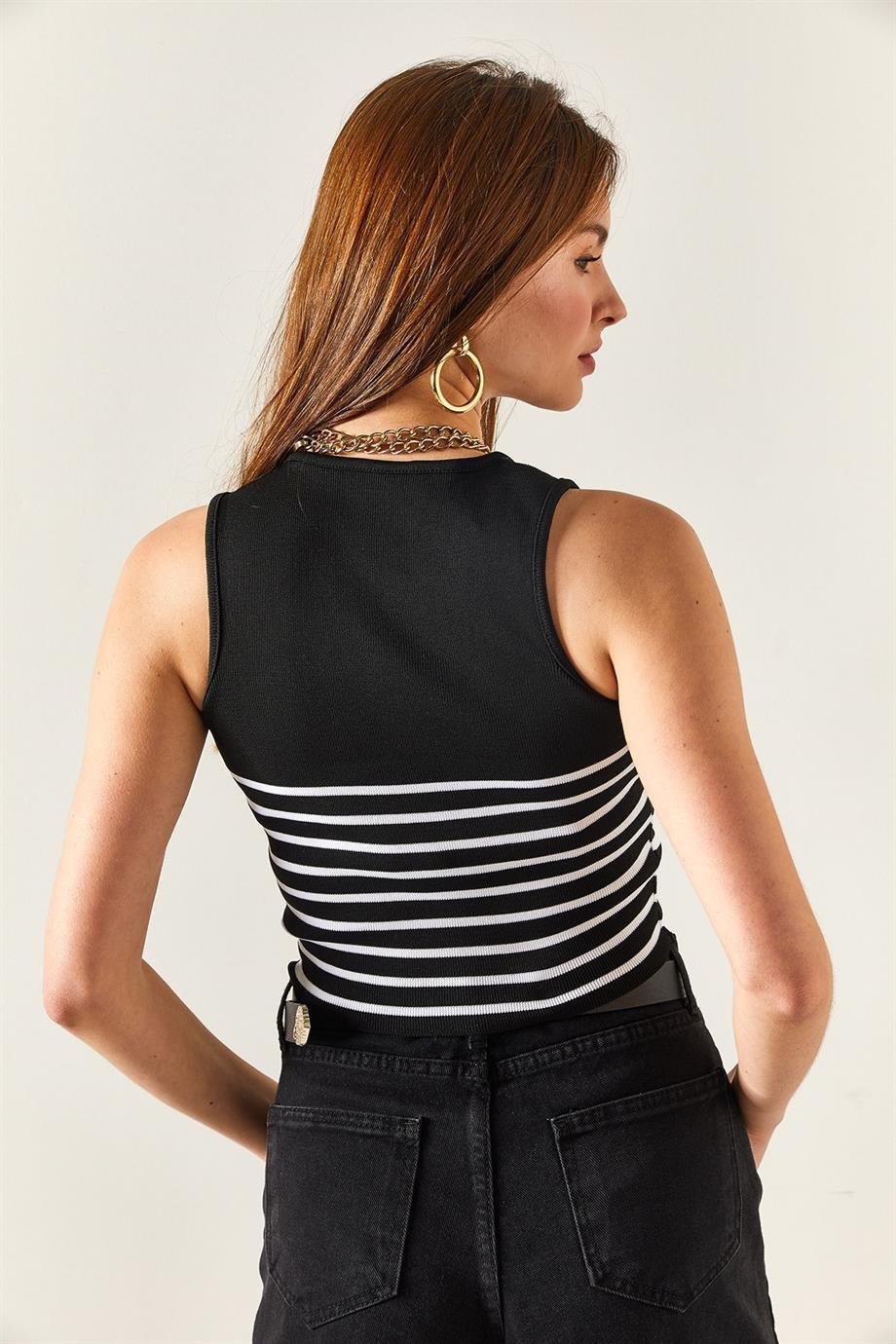 Altı Çizgili Crop Triko Bluz Siyah