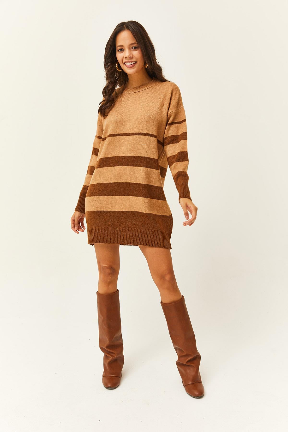 Altı Çizgili Yumuşak Dokulu Triko Tunik Elbise Camel