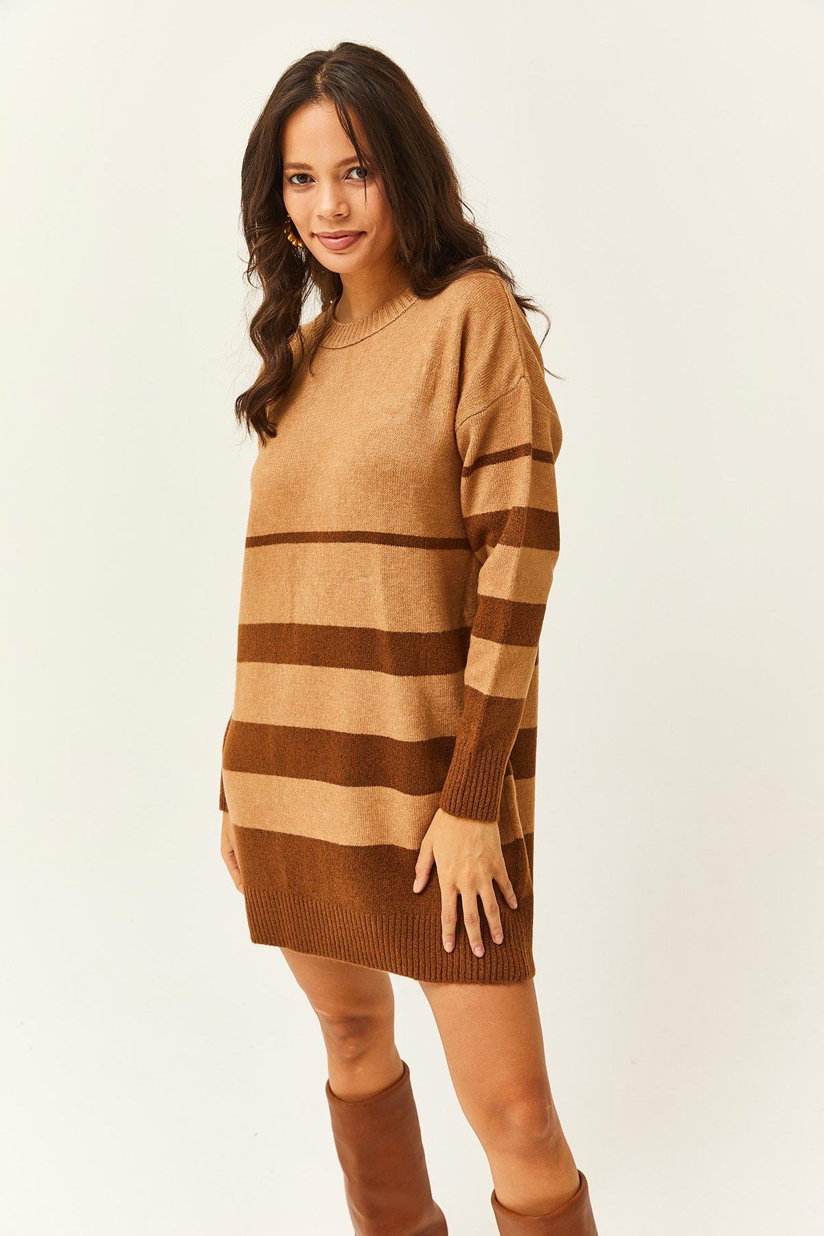 Altı Çizgili Yumuşak Dokulu Triko Tunik Elbise Camel