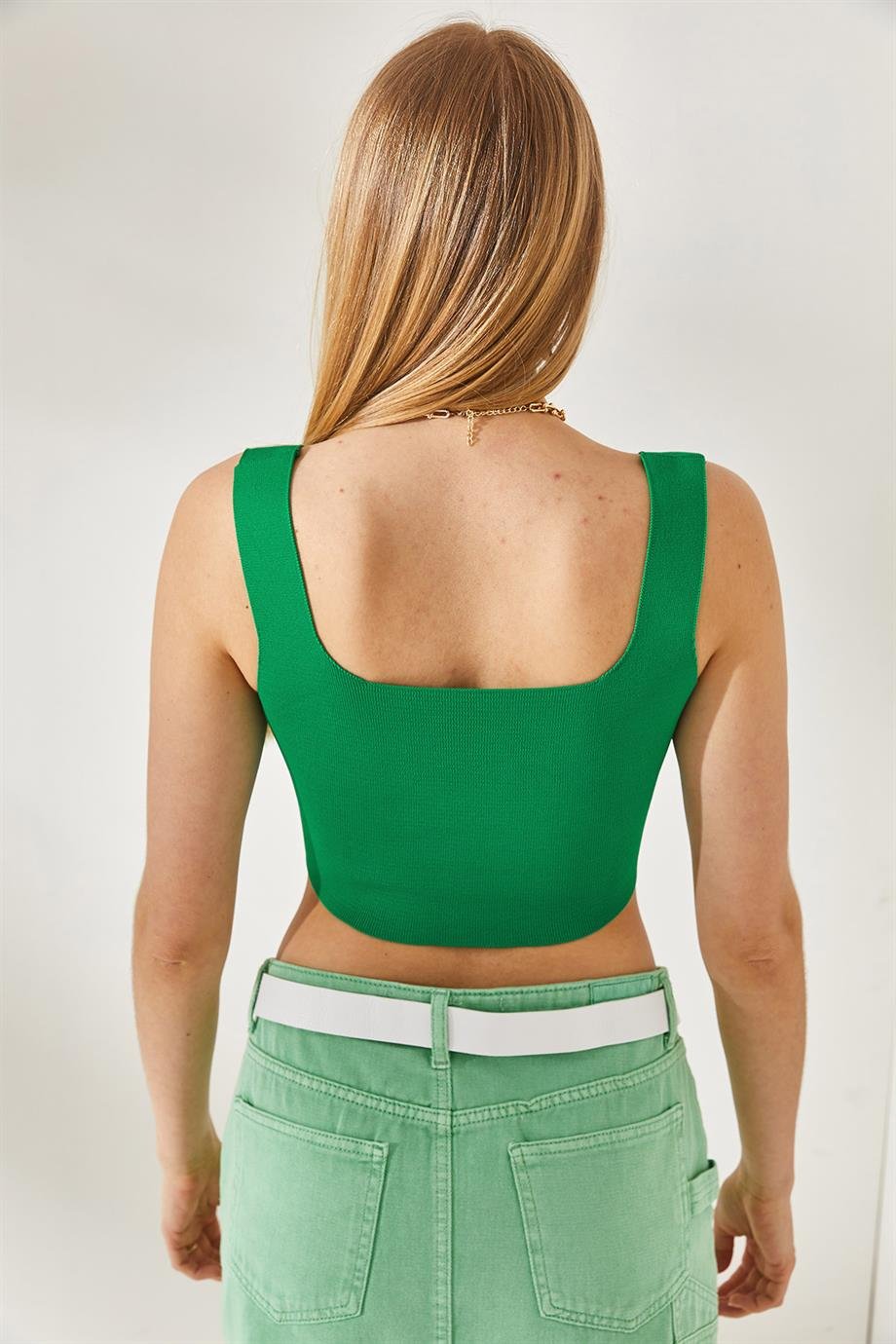 Altı Oval Crop Triko Bluz Çimen Yeşili