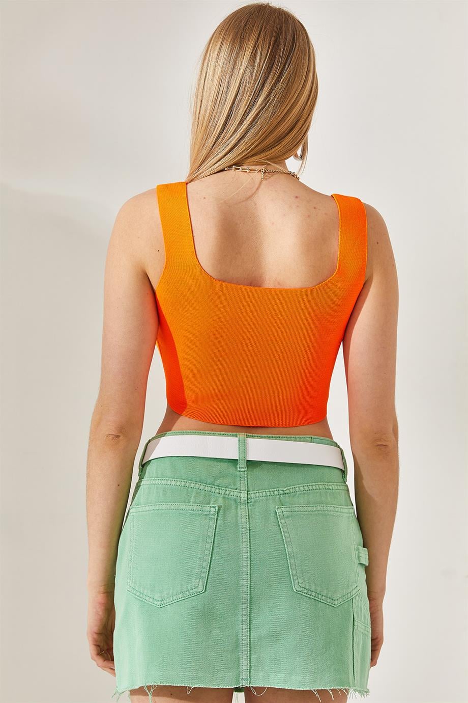 Altı Oval Crop Triko Bluz Turuncu
